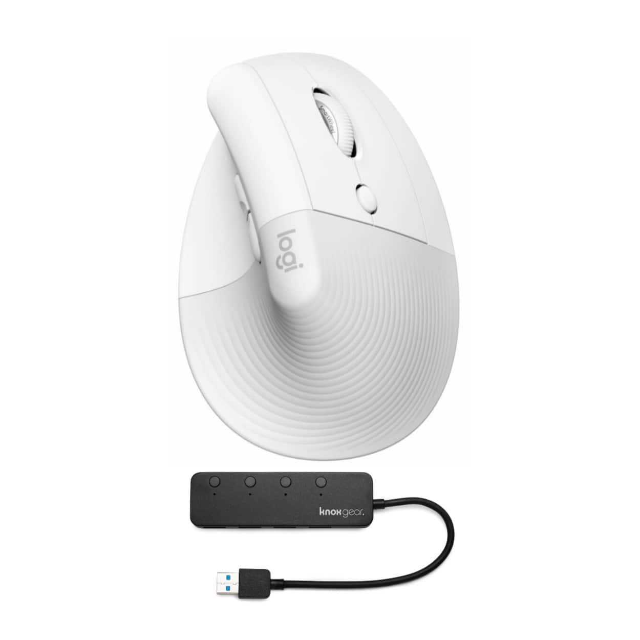 Logitech - Lift Vertical Wireless Ergonomic Mouse (Pale Gray) and 4-Port USB 3.0 - Wireless - Gray/White