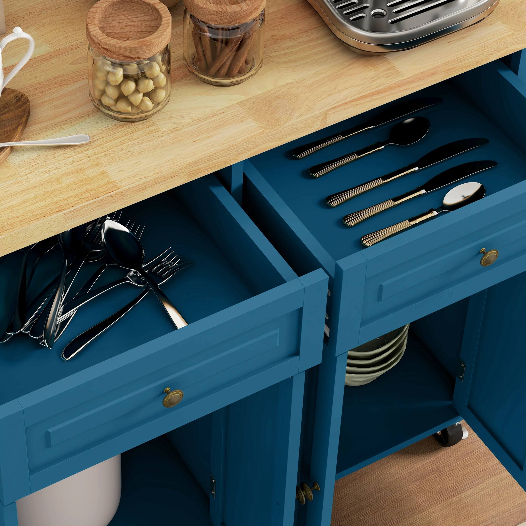 Alt View 8. Homcom - Island on Wheels, Rolling Cart with Rubberwood Top, Spice Rack - Turquoise.