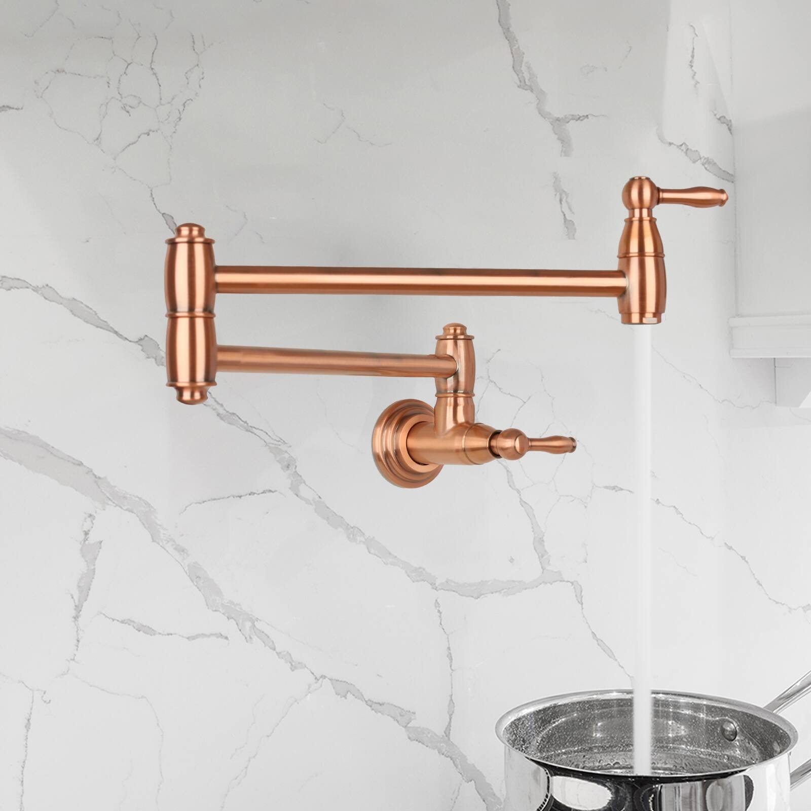 Alt View 3. Akicon - Akicon Wall-Mounted Solid Brass Pot Filler Kitchen Faucet with Dual Joint Swing Arms for Stovetop in Copper - Copper.