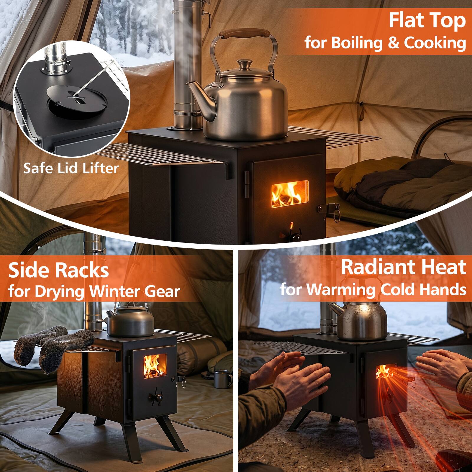 - Flat Top for Boiling & Cooking
- Safe Lid Lifter
- Side Racks for Drying Winter Gear
- Radiant Heat for Warming Cold Hands