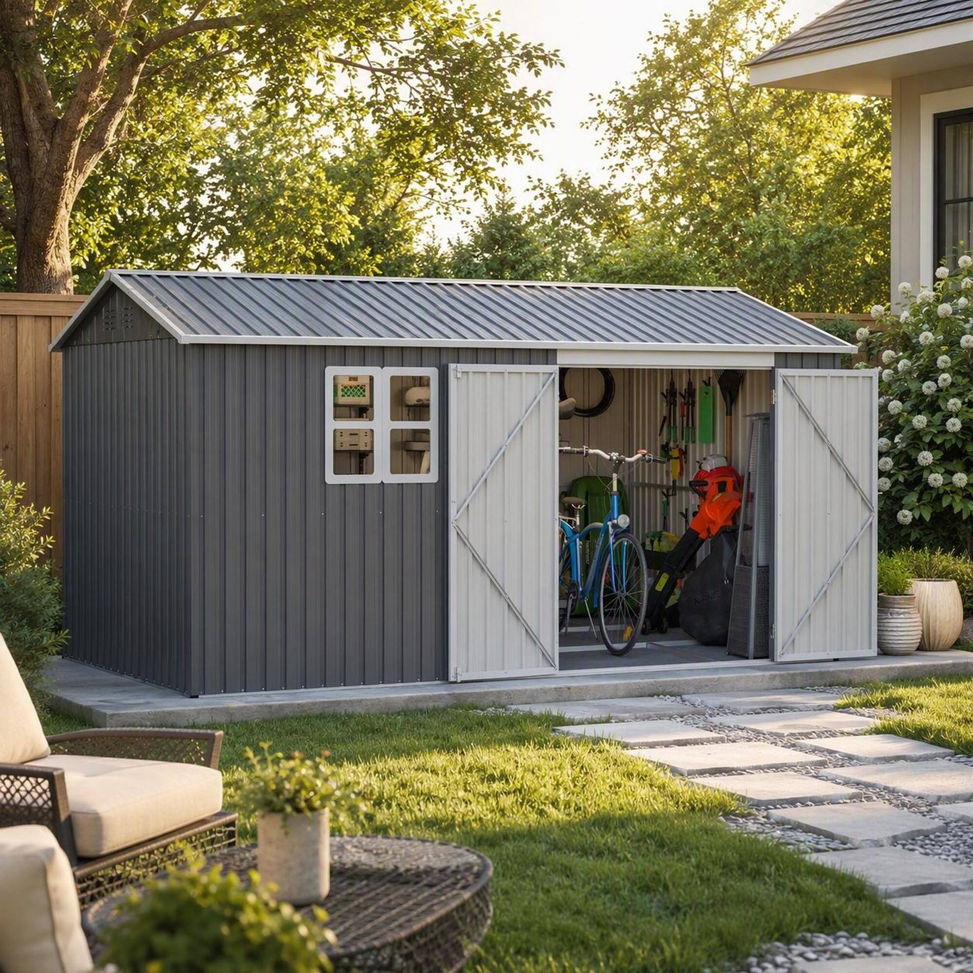 Left. RYHNUYNE - 12x10 ft Storage Shed Galvanized Steel Lockable Doors Weatherproof Backyard Tools - Grey.