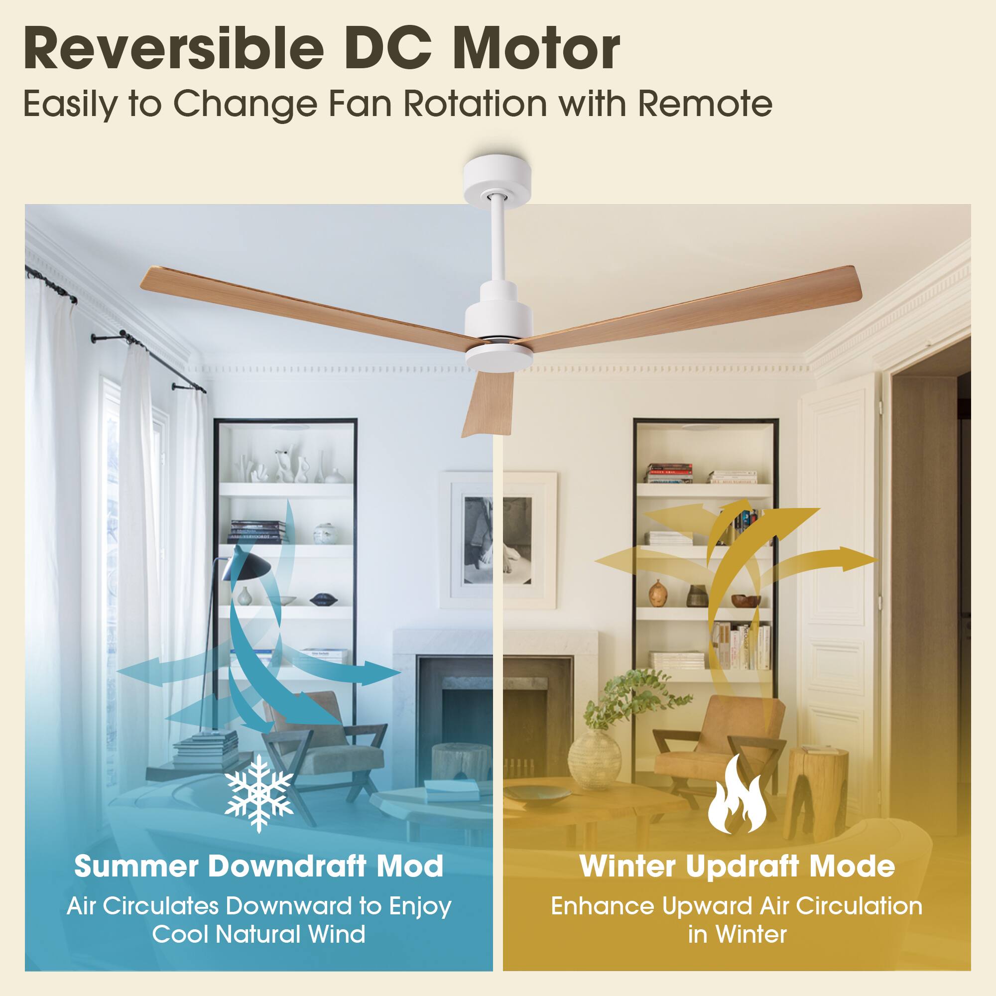 Reversible DC Motor  
Easily to Change Fan Rotation with Remote  

Summer Downdraft Mod  
Air Circulates Downward to Enjoy Cool Natural Wind  

Winter Updraft Mode  
Enhance Upward Air Circulation in Winter