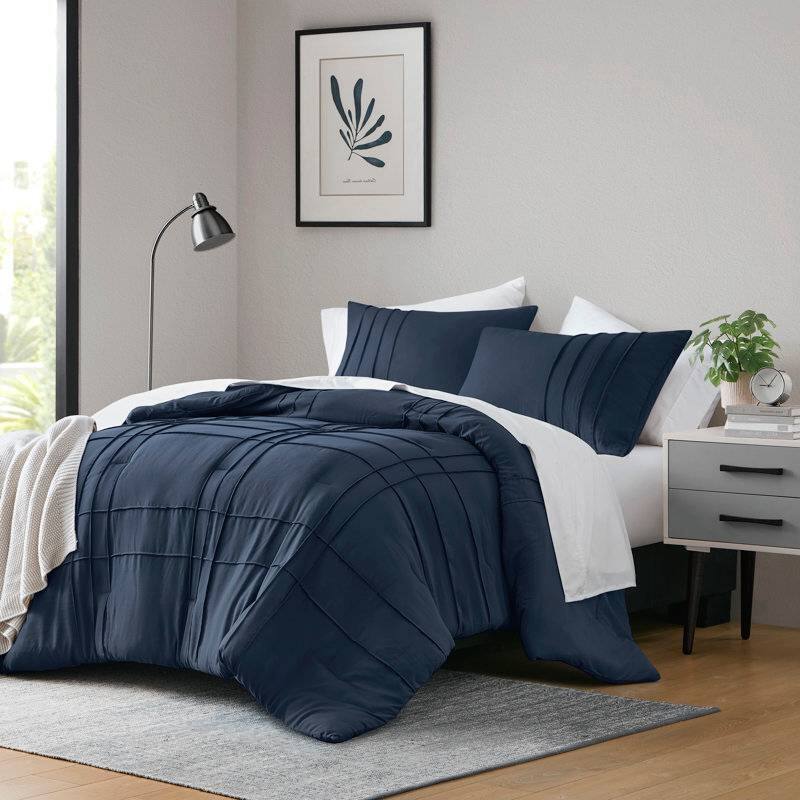 Angle. Hivvago - Twin/Twin XL Microfiber Pleated Bohemian style Pre-Washed Comforter Set in Navy - Navy.