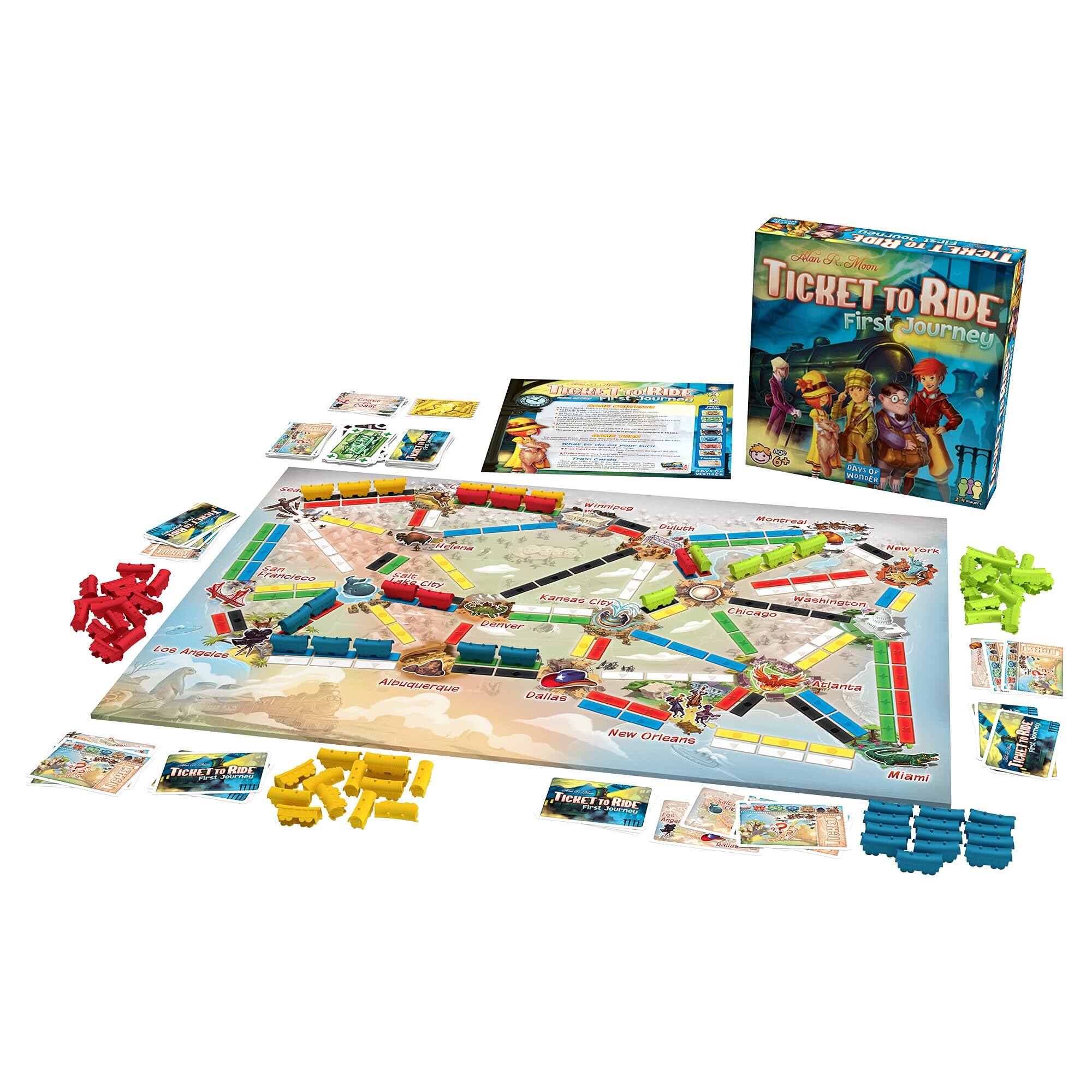Sure, here is the corrected and grouped text from the image:

---

**Ticket to Ride: First Journey**

**Components:**

- Game Board
- Train Car Tokens (Red, Green, Yellow, Blue)
- Destination Tickets
- Train Car Cards
- Rules Booklet

**Locations on the Game Board:**

- Los Angeles
- San Francisco
- Denver
- Chicago
- New York
- Washington
- Miami
- New Orleans
- Atlanta
- Dallas
- Albuquerque
- Kansas City
- St. Louis
- Phoenix
- Salt Lake City
- Seattle
- Portland

**Gameplay:**

- Players collect train car cards to claim routes on the board.
- Use destination tickets to earn points by completing routes.
- First player to claim a route gets a bonus.
- Game ends when all routes are claimed or train cars are exhausted.

**Ages:** 5+
**Players:** 2-4
**Time:** 30-45 minutes

**Publisher:** Days of Wonder

---