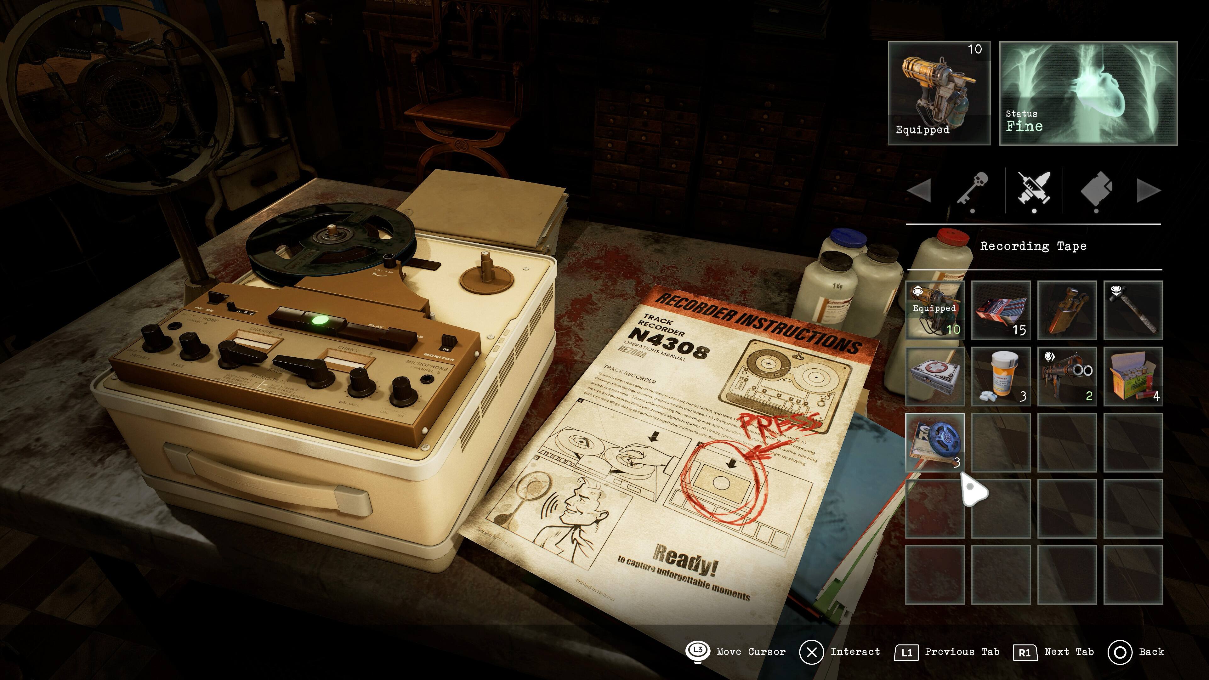 10 Equipped Status Fine  
Recording Tape  
CAN I MOEN  
1 TRACK RECORDER  
Equipped RECORDER INSTRUCTIONS  
BLZO3NA  
A N4308  
PNS MANLA  
TRACA REALIANR  
ta M M  
- - 1 - - 15 3 2 4  
rnpturing - -LUE  
1o Ready!  
captura unforgettable moments  
LS Move Cursor x  
Interact L1 Previous Tab R1 Next Tab Back