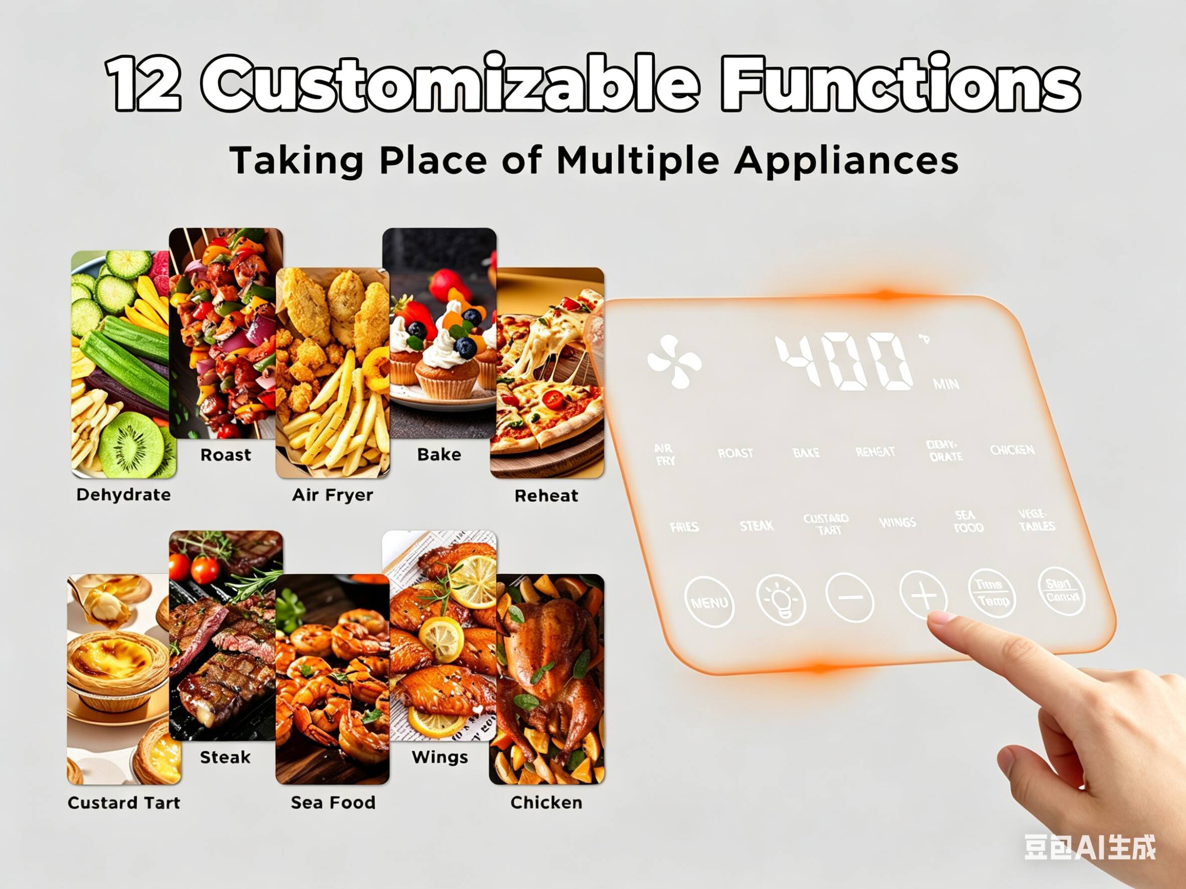 12 Customizable Functions Taking Place of Multiple Appliances

- Roast
- Bake
- Air Fryer
- Reheat
- Dehydrate
- Custard Tart
- Steak
- Wings
- Sea Food
- Chicken
- Fries
- Veggie Tables

Time Temp Start Cancel