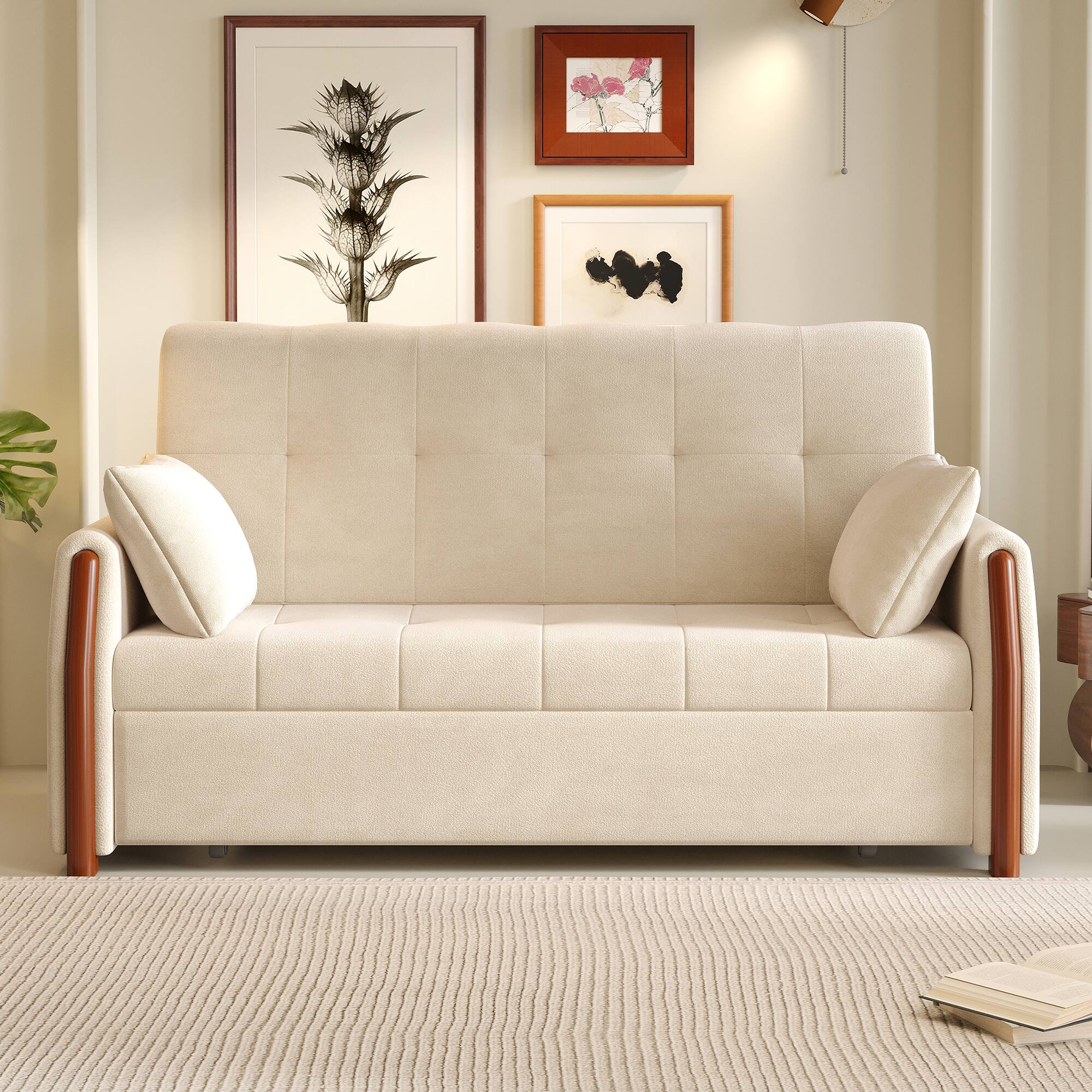 Left. luck idea - Beige 2 Seater Pull Out Sofa Bed with Storage, Wooden Arm Convertible Loveseat Sleeper Couch for Small Space - white.