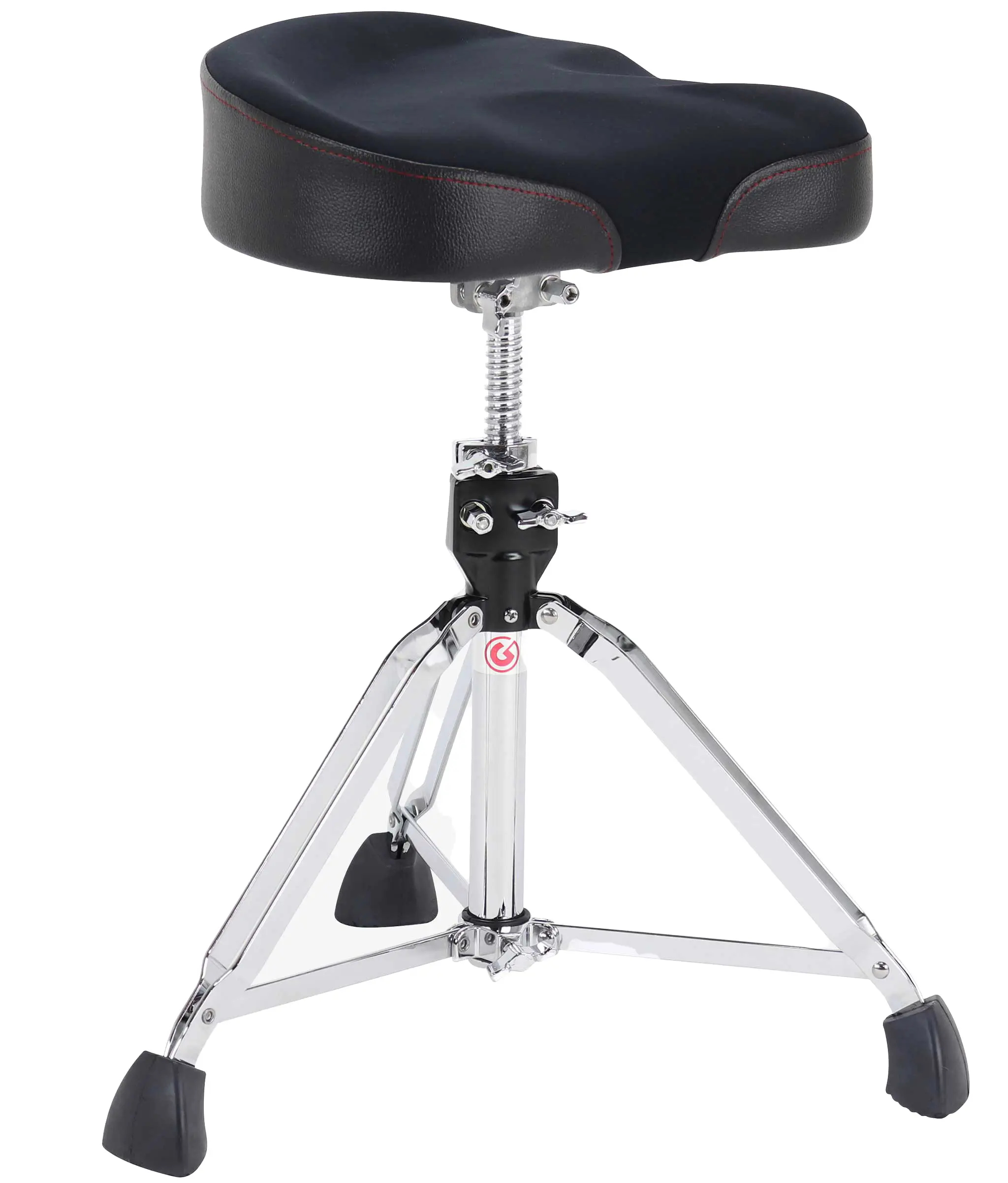 Angle. Gibraltar Hardware - 9000 Series Neo Saddle Drum Throne, 16.5” Memory Foam Seat with Neoprene Top, Spin-Lock Height Adjustment.