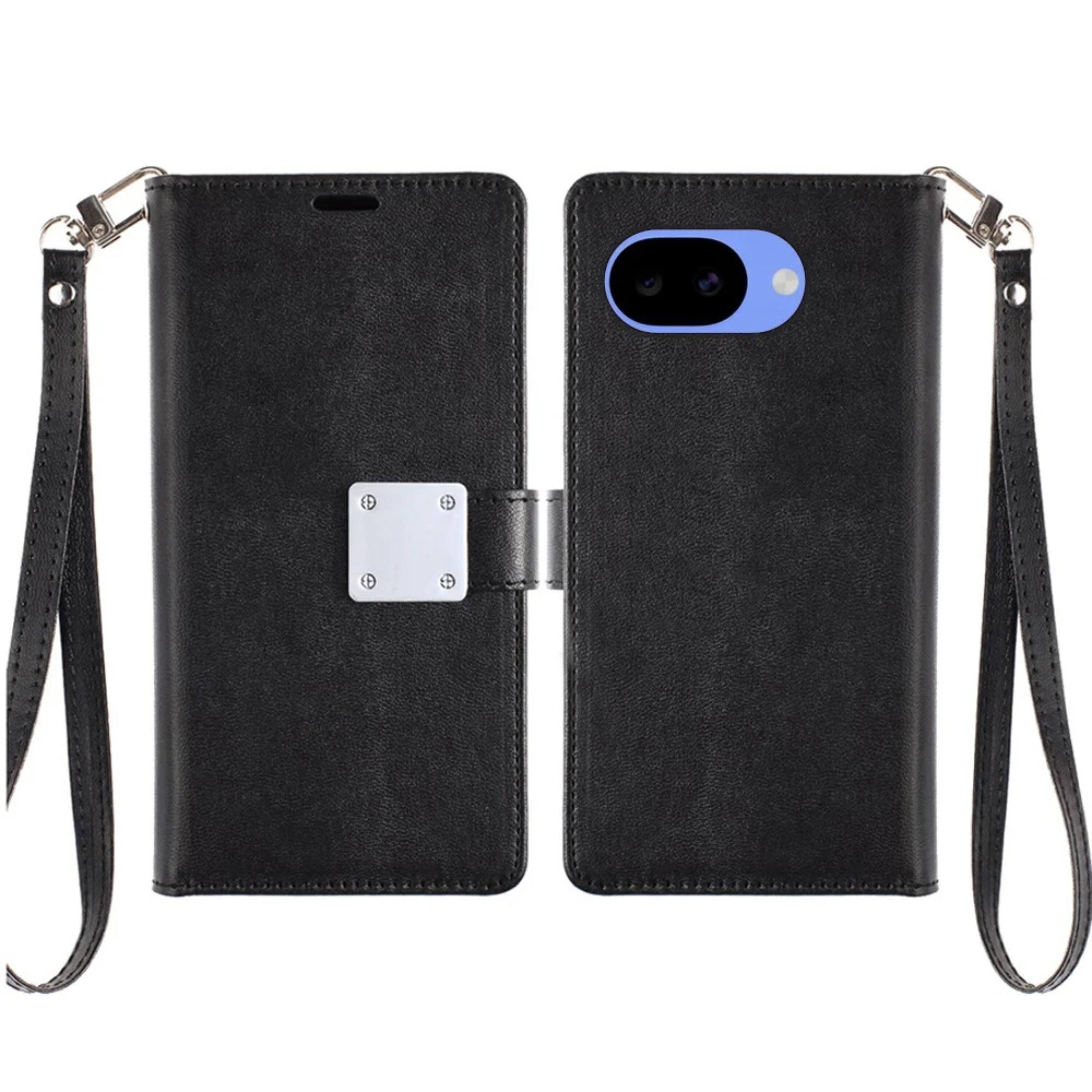 Angle. Kitcheniva - PU Leather Wallet Phone Case With Wrist Strap Tempered Glass For Google Pixel 10a Black - Black.