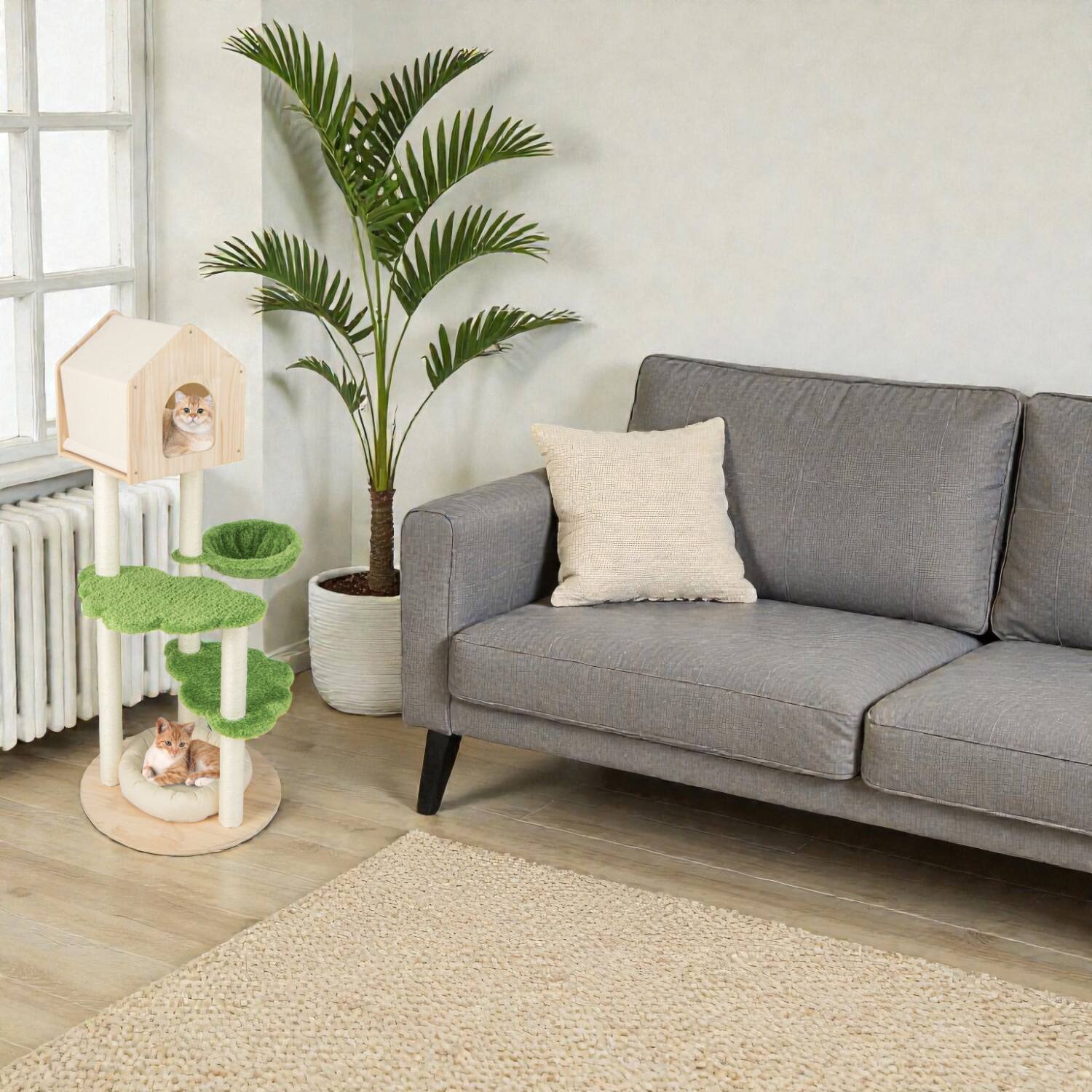 Front. BreeBe - 55" Indoor Cat Tower with Sisal Scratch Posts and Plush Kitten Lounger - Green.