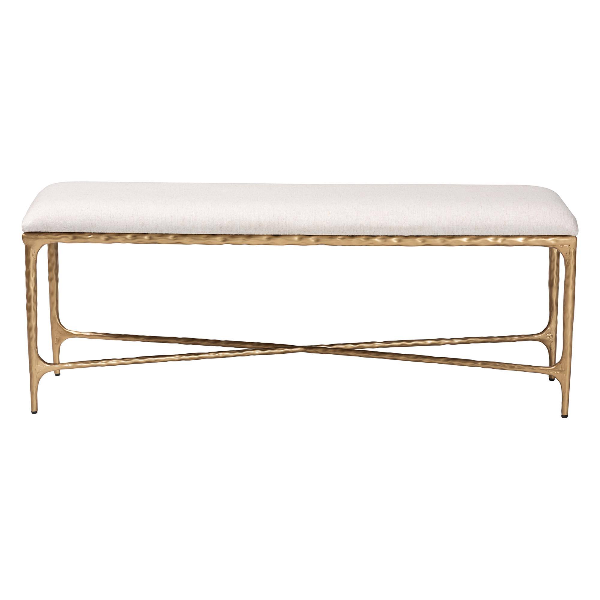 Angle. Baxton Studio - Fumiye Bench - Modern Rustic Accent Seating with Hand-Forged Metal Frame and Upholstered Cushion - Ivory/Gold.