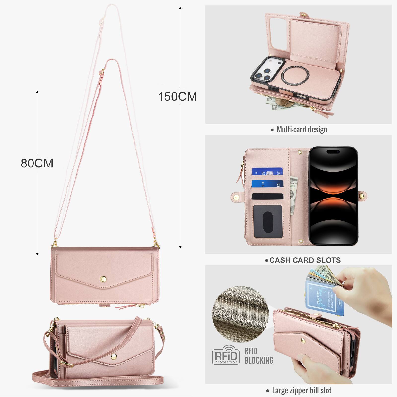 150CM Multi-card design  
80CM  
21 CASH CARD SLOTS  
RFID Protection BLOCKING  
Large zipper bill slot