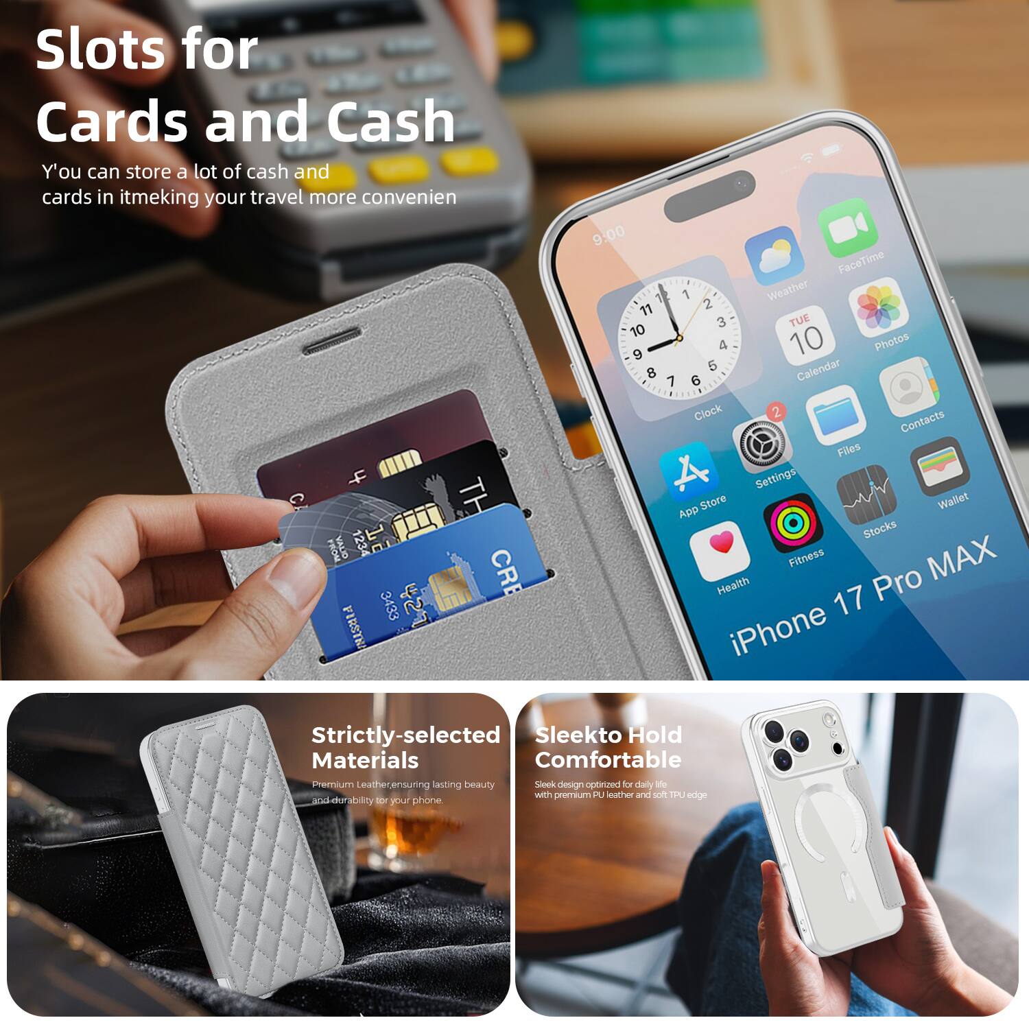 Slots for Cards and Cash  
You can store a lot of cash and cards in it, making your travel more convenient.

Strictly-selected Materials  
Premium leather ensuring lasting beauty and durability for your phone.

Sleek to Hold Comfortable  
Sleek design optimized for daily life with premium PU leather and soft TPU edge.