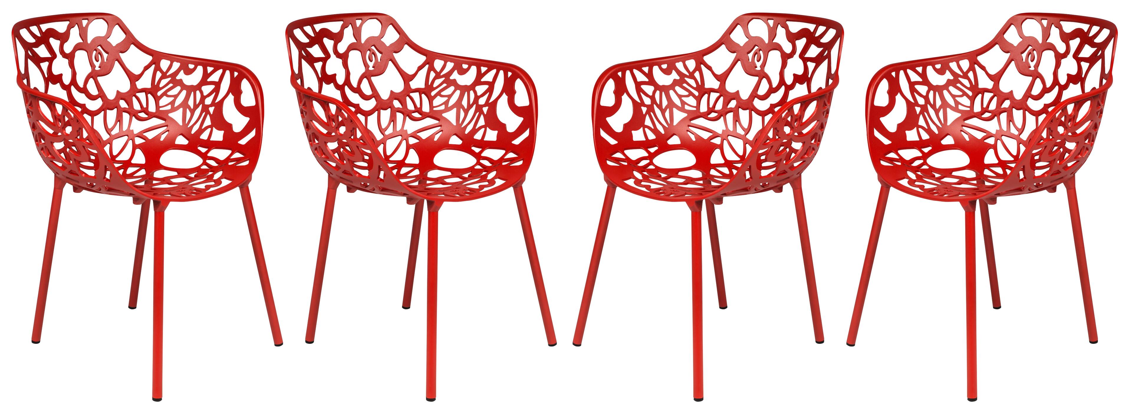 Front. LeisureMod - Devon (Set of 4) Aluminum Outdoor Dining Chair - UV & Rust Resistant Stackable Floral Accent Chair - Red.