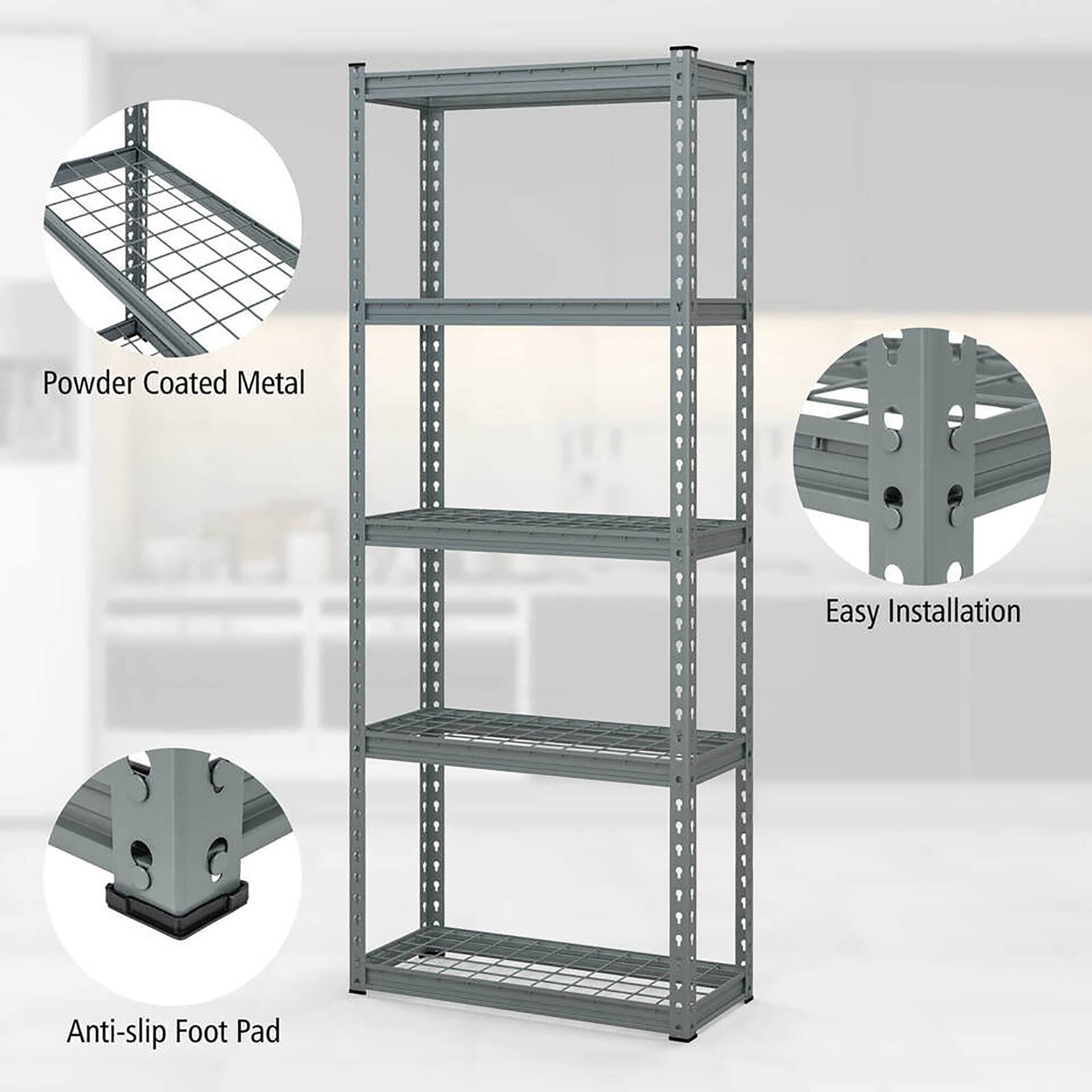 Alt View 7. Gymax - Gymax 2 PCS 5-Tier Metal Shelving Unit Heavy Duty Wire Storage Rack with Anti-slip Foot Pads - Gray.