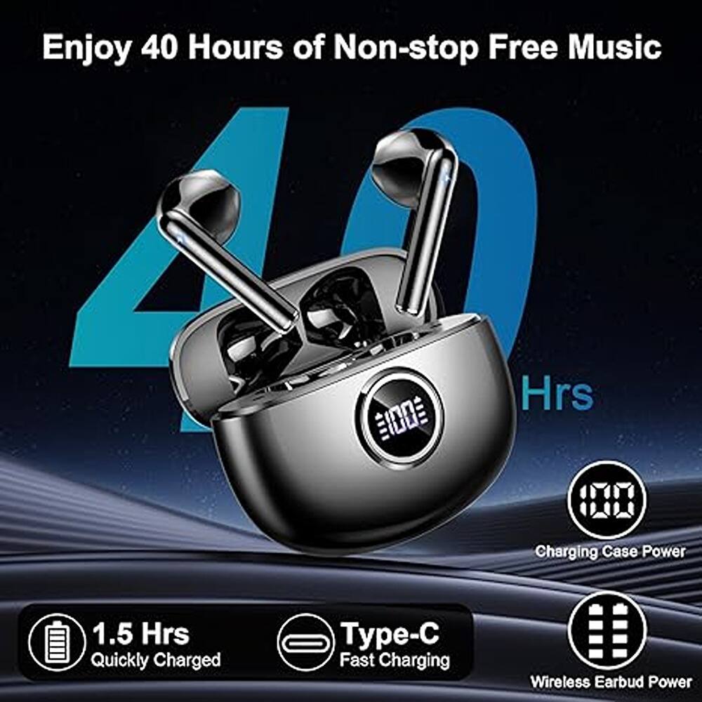 Enjoy 40 Hours of Non-stop Free Music

- 1.5 Hrs Quickly Charged
- Type-C Fast Charging
- Charging Case Power
- Wireless Earbud Power