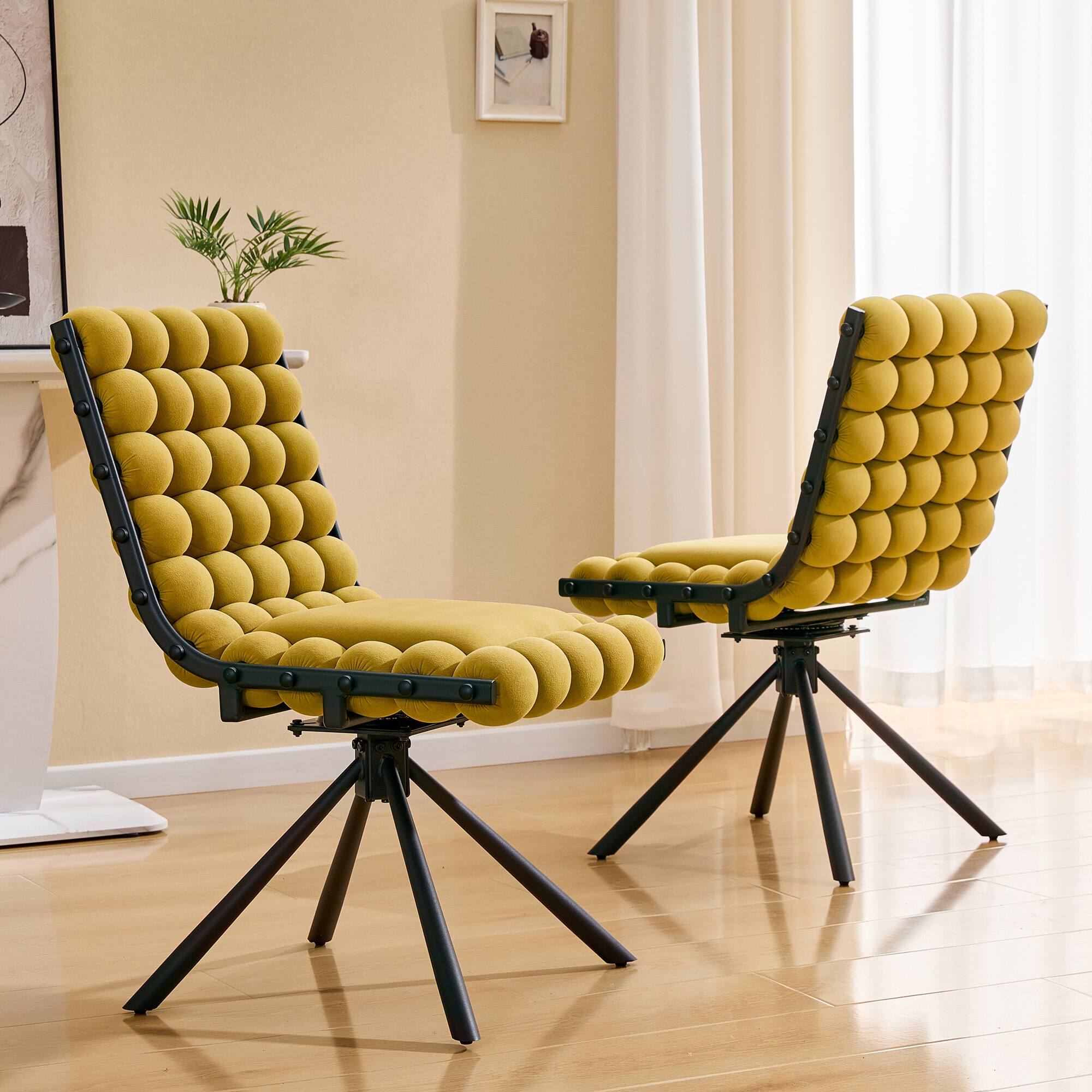 Left. Loheer - Loheer Bubble Dining Chairs Set of 2, Yellow Velvet Dining Chairs for Kitchen Dining Room, Black Legs, 1.63 ft - Black,Yellow.