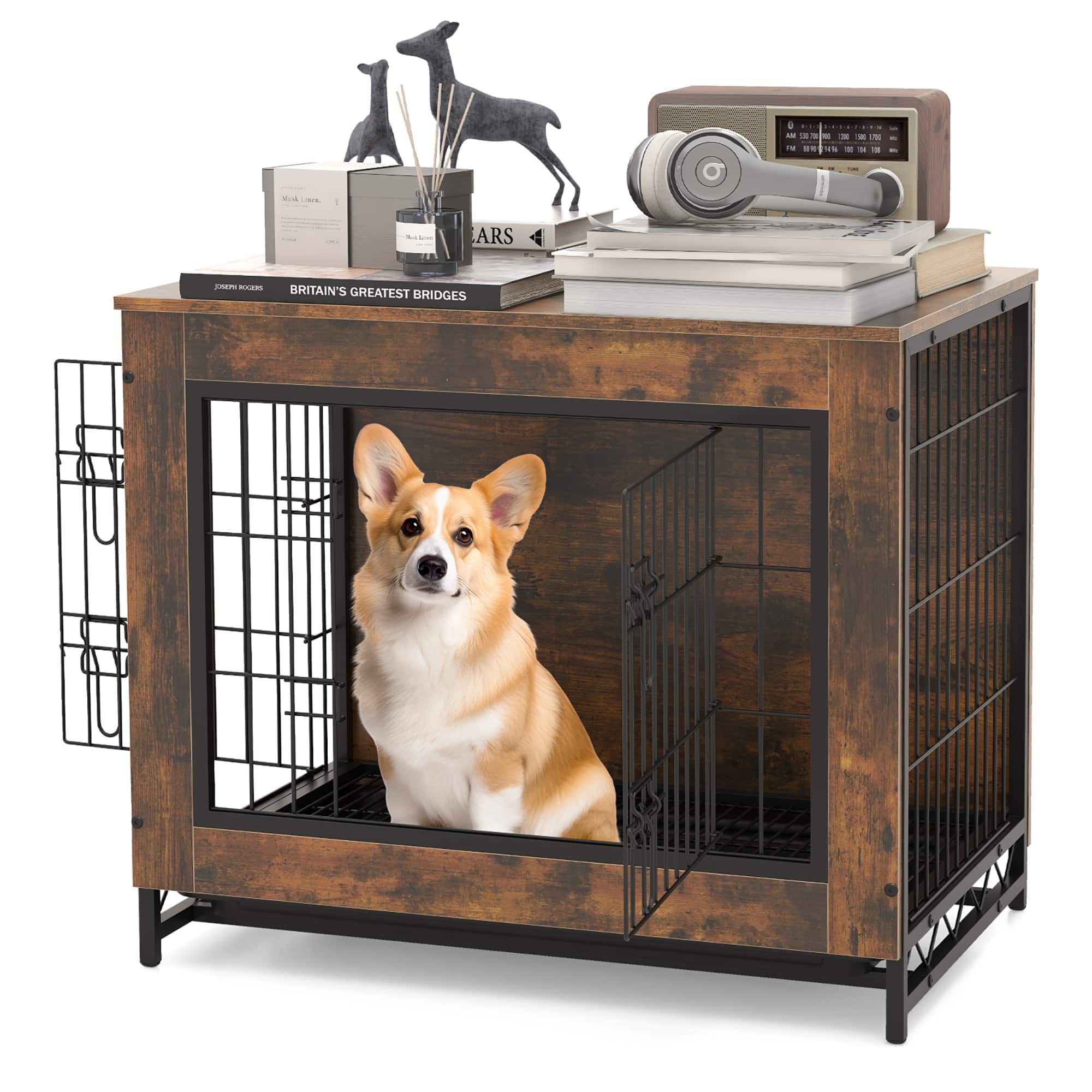 Gymax - Industrial Dog Crate Furniture Heavy-duty Kennel Cage w/ 3 Chew-proof Walls Large