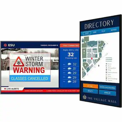 **ESU**
**TUESDAY, DECEMBER 15**
**WINTER STORM WARNING**
**CLASSES CANCELLED**
**STAY CONNECTED**
Eagle, Idaho, USA
32° Freezing rain
**LIVE ALERTS**
WINTER WEATHER ADVISORY
CLASSES TODAY CANCELLED DUE TO INCLEMENT WEATHER
---
**DIRECTORY**
**MOVIES**
**DINE**
**PLAY**
**SHOP**
**LEGEND**
- Entrance
- Elevator
- Restrooms
- Parking
- Food Court
- Retail Stores
- Beauty
- Shoes & Accessories
- Jewelry
- Information
- Restrooms
**THE VILLAGE MALL**
**APPAREL**
**BEAUTY**
**SHOES & ACCESSORIES**
**JEWELRY**