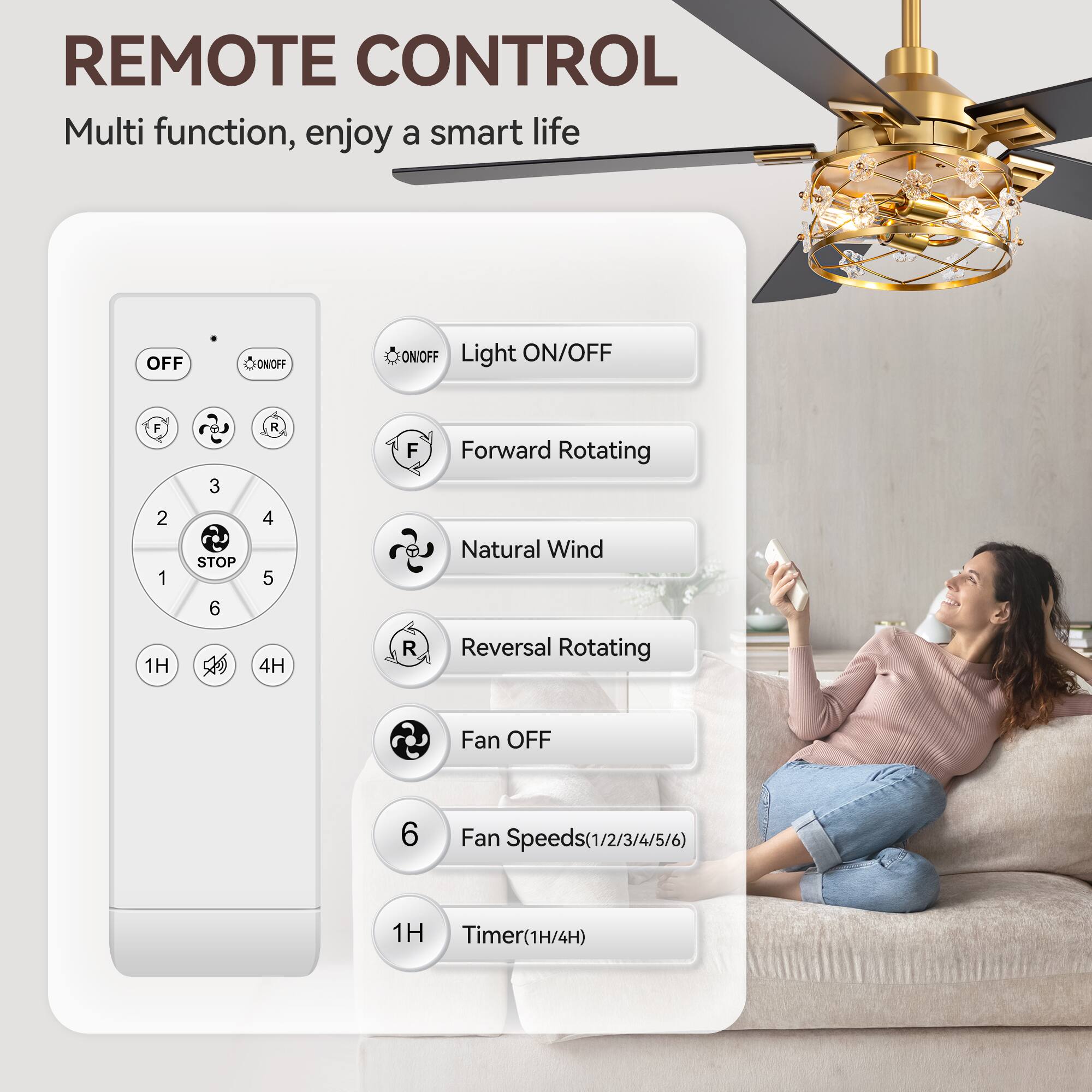 REMOTE CONTROL  
Multi function, enjoy a smart life  

- OFF  
- ON/OFF  
- Light ON/OFF  
- Forward Rotating  
- Natural Wind  
- Reversal Rotating  
- Fan OFF  
- Fan Speeds(1/2/3/4/5/6)  
- Timer(1H/4H)  

1H  
4H  

F  
R  
STOP  
1  
2  
3  
4  
5  
6