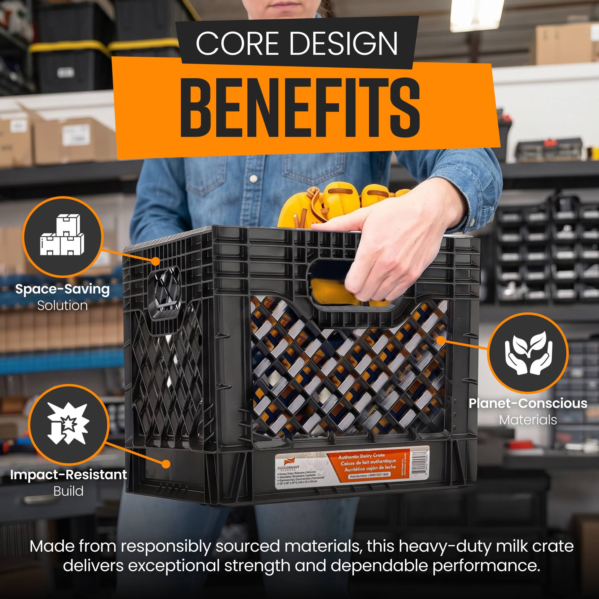 CORE DESIGN BENEFITS

Space-Saving Solution

Planet-Conscious Materials

Impact-Resistant Build

SUGGERNANT Daily - - - Kread ..

Authentic Dairy Crate Coisse de lait outhentique cojn de leche Aunttico

Made from responsibly sourced materials, this heavy-duty milk crate delivers exceptional strength and dependable performance.