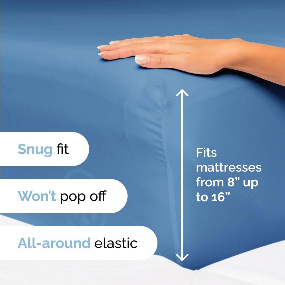 Snug fit  
Won't pop off  
Fits mattresses from 8" up to 16"  
All-around elastic