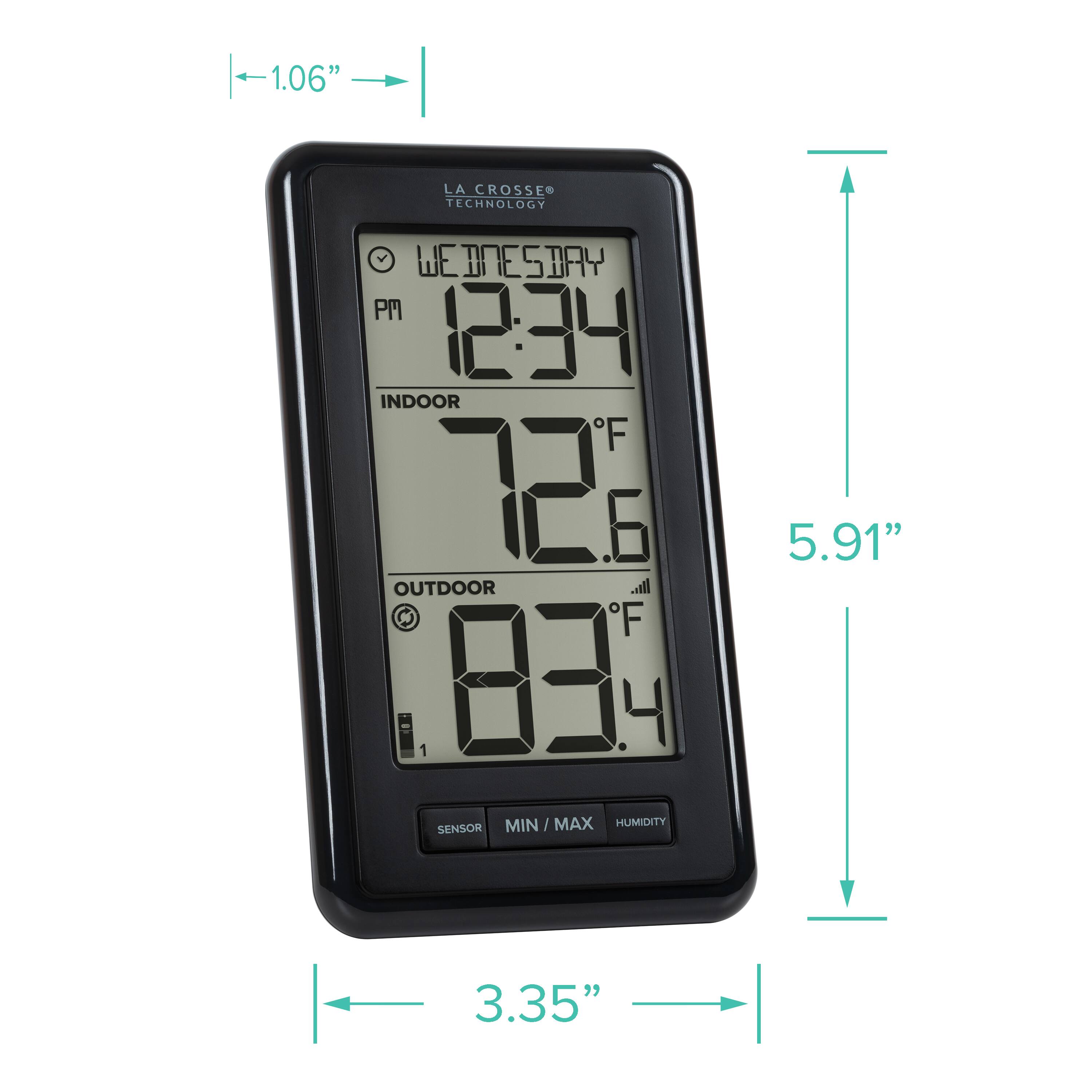 1.06" LA CROSSE TECHNOLOGY WEBRESDAY PM 12:34 INDOOR F 72.6 OUTDOOR F 83.4 MIN MAX HUMIDITY SENSOR 5.91" 3.35"
