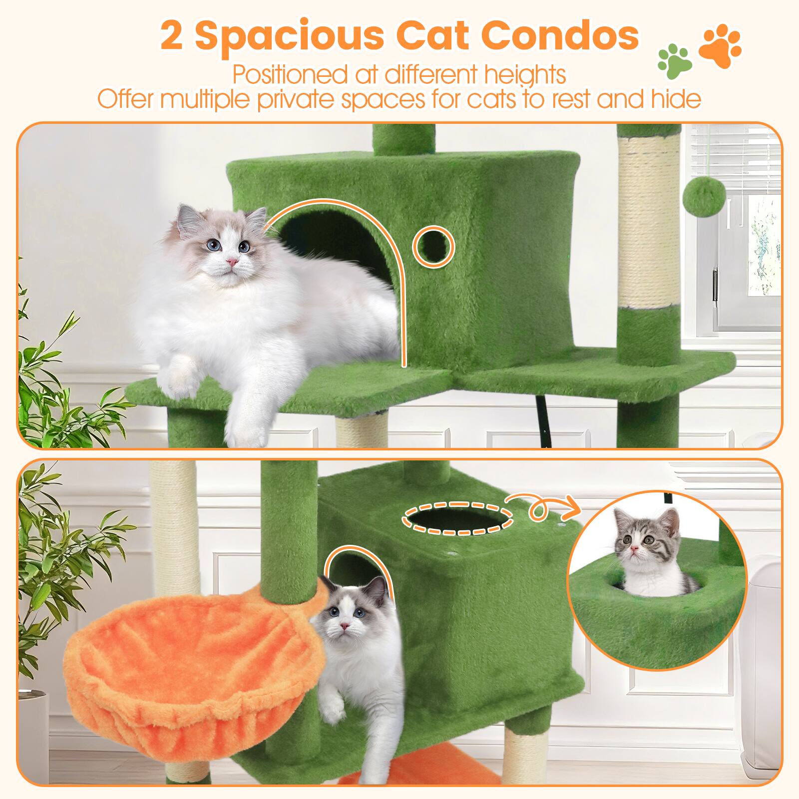 2 Spacious Cat Condos  
Positioned at different heights  
Offer multiple private spaces for cats to rest and hide