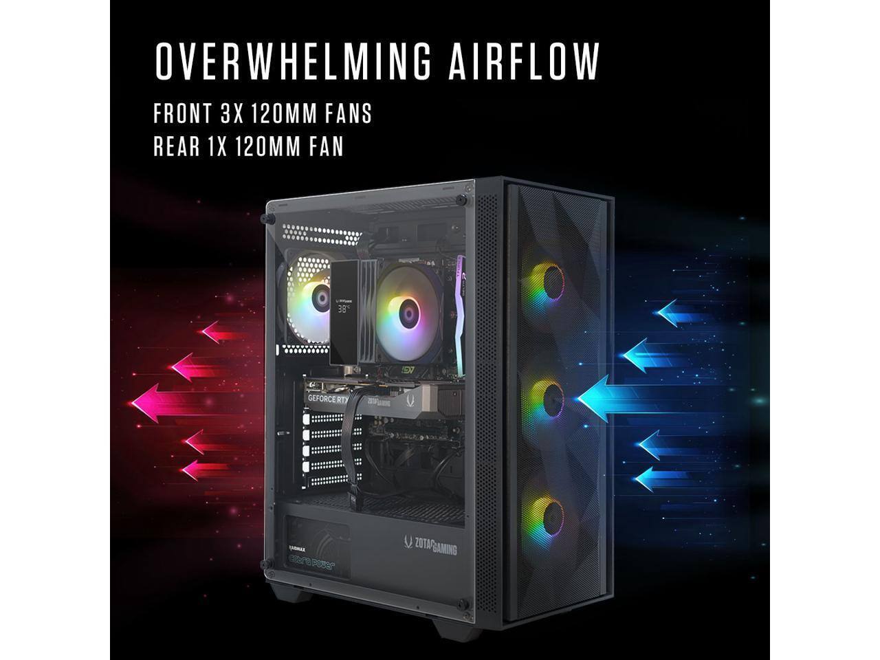 OVERWHELMING AIRFLOW  
FRONT 3X 120MM FANS  
REAR 1X 120MM FAN  
38% DV I GEFORCE RTX 88 ZOTA GAMING