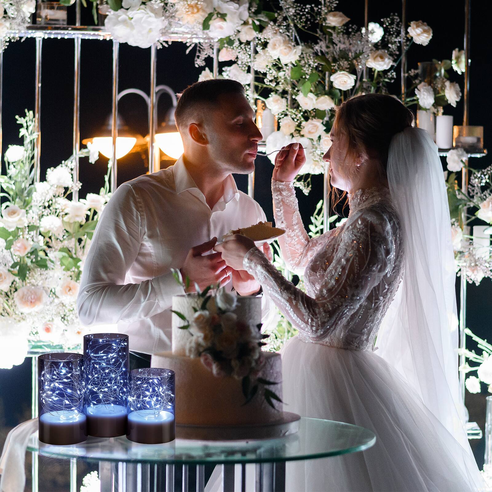 Alt View 5. IMAGE - 3 PCS Acrylic Shell Pillar LED Flameless Candles with 13-Key Remote Timer, Grey - Grey.