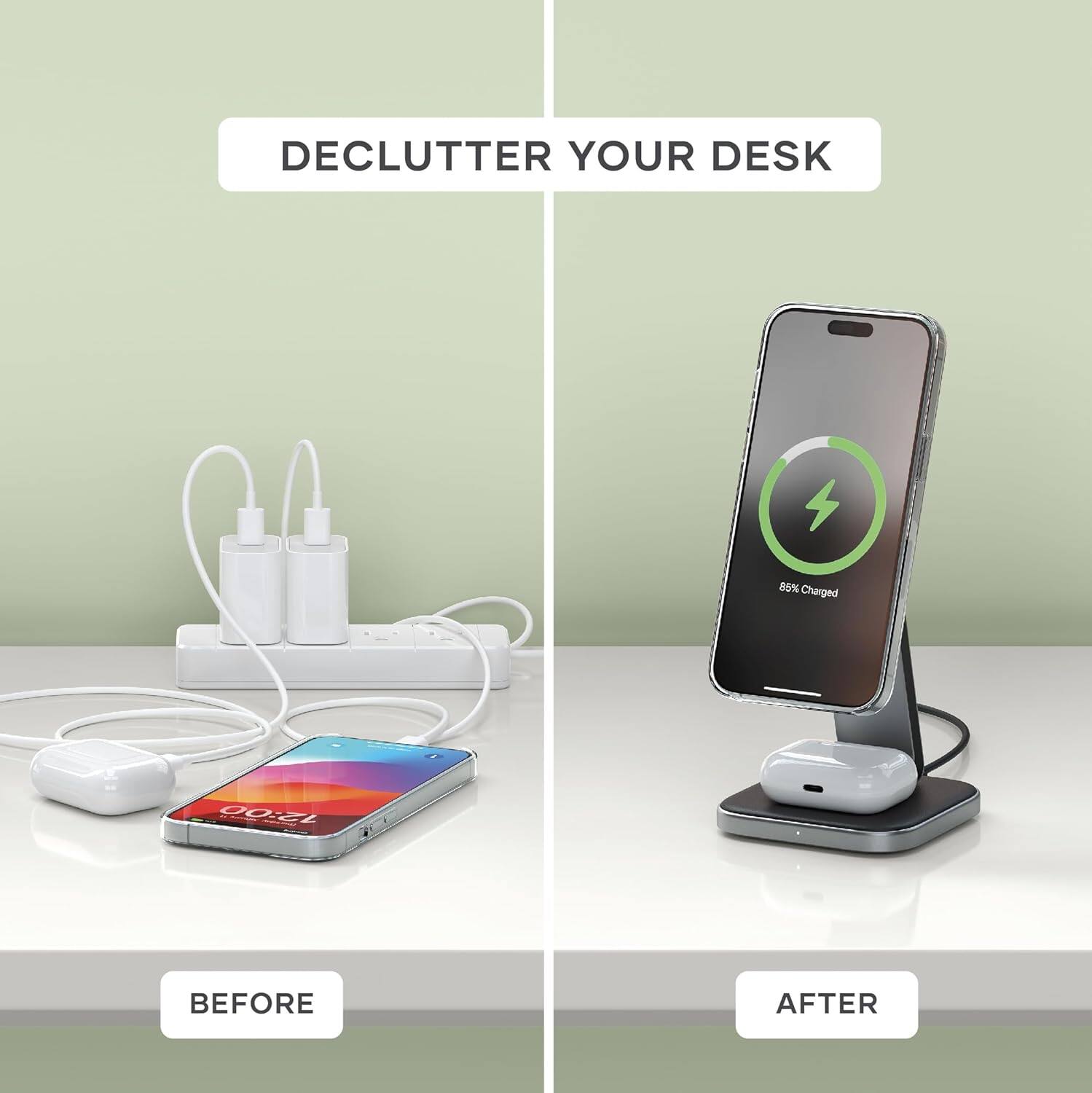 DECLUTTER YOUR DESK 85% CHARGED 12200 BEFORE AFTER