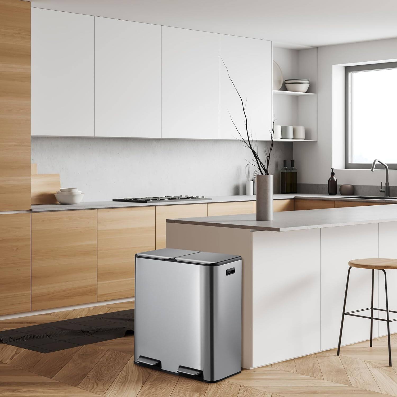 Left. Homhougo - 16 Gallon Dual Compartment Recycling Kitchen Step Trash Can with Soft-Close Lid and Inner Buckets - Silver.