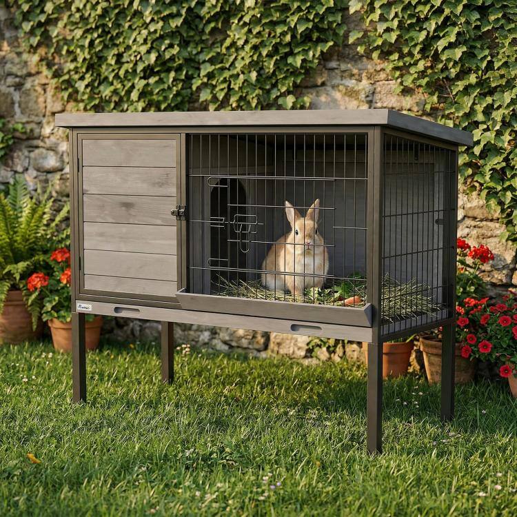 PULUZ Elevated Rabbit Hutch Outdoor, Wooden Rabbit Cage Bunny House ...