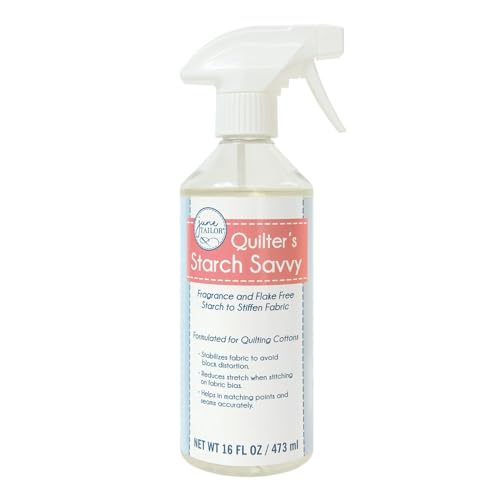 Quilter's Starch Savvy  
Fragrance and Flake Free  
Starch to Stiffen Fabric  

Formulated for Quilting Cotton  
Stabilizes fabric to avoid block distortion  
Reduces stretch when stitching on fabric bias  
Helps in matching points and seams accurately  

NET WT 16 FL OZ / 473 ml
