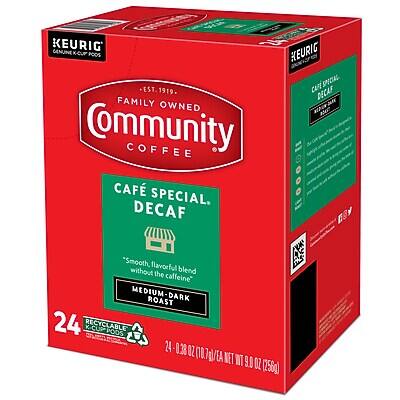 KEURIG CENUINE K-CUP PODS  
KEURIG SPECIAL  
EST 1919  
FAMILY OWNED  
Community COFFEE  
CAFÉ SPECIAL.  
DECAF  
"Smooth, flavorful blend without the caffeine"  
MEDIUM-DARK ROAST  
24 RECYCLABLE K-CUP PODS  
24 - 0.38 OZ (10.7 g) EACH  
NET WT 9.0 OZ (256 g)