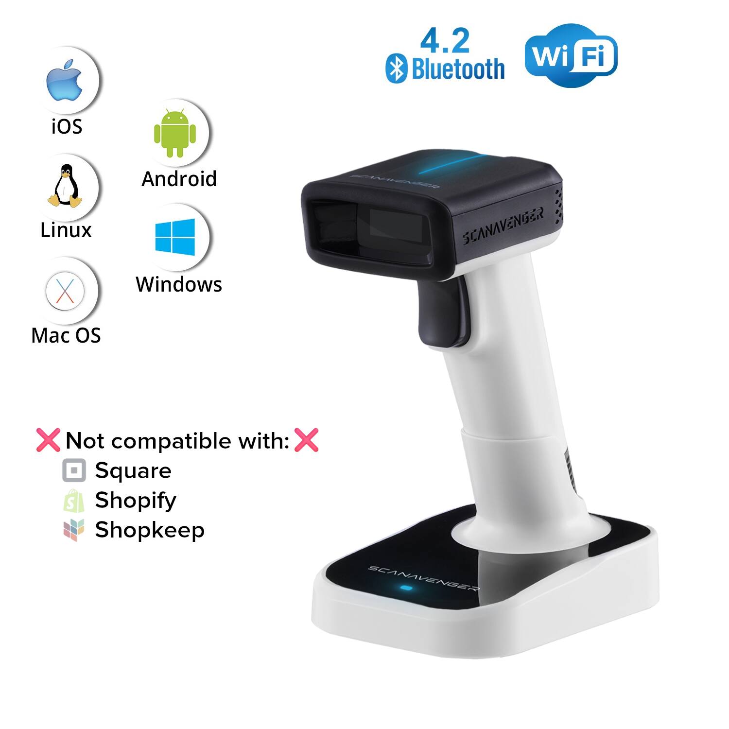4.2 Bluetooth Wi-Fi

Compatible with:
- iOS
- Android
- Linux
- Windows

Not compatible with:
- Mac OS
- Square
- Shopify
- Shopkeep