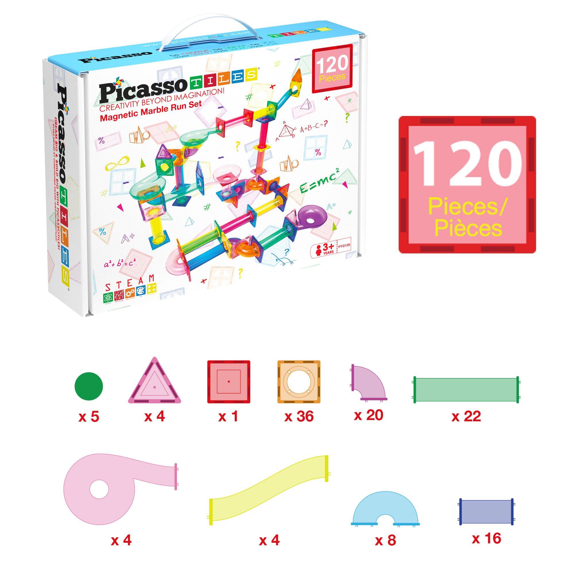 A LEIESNO S 120 I L E Pieces T Picasso BEYOND IMAGINATION! Set CREATIVITY Marble Run Magnetic ddddia 02263A A+B-C-7 % ?  % ! E=mc2  a 3+ Umaran Tham 1 a'.b.c : STEAM A S T o 120 Pieces/ Pieces x5 x4 x1 x36 x20 x22 x4 x4 x8 x16