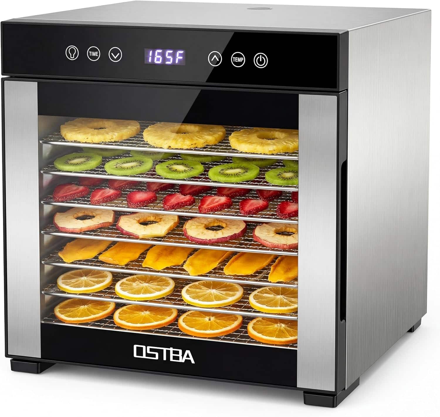 OSTBA - Food Dehydrator, 8 Stainless Steel Trays, 95–165℉ Adjustable Temperature, 48h Digital Timer for Fruit, Vegetable, Jerky - Sliver, Black