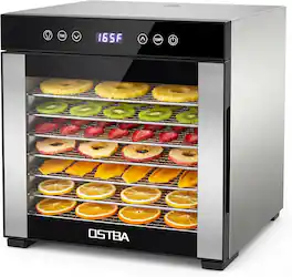 OSTBA - Food Dehydrator, 8 Stainless Steel Trays, 95–165℉ Adjustable Temperature, 48h Digital Timer for Fruit, Vegetable, Jerky - Sliver, Black