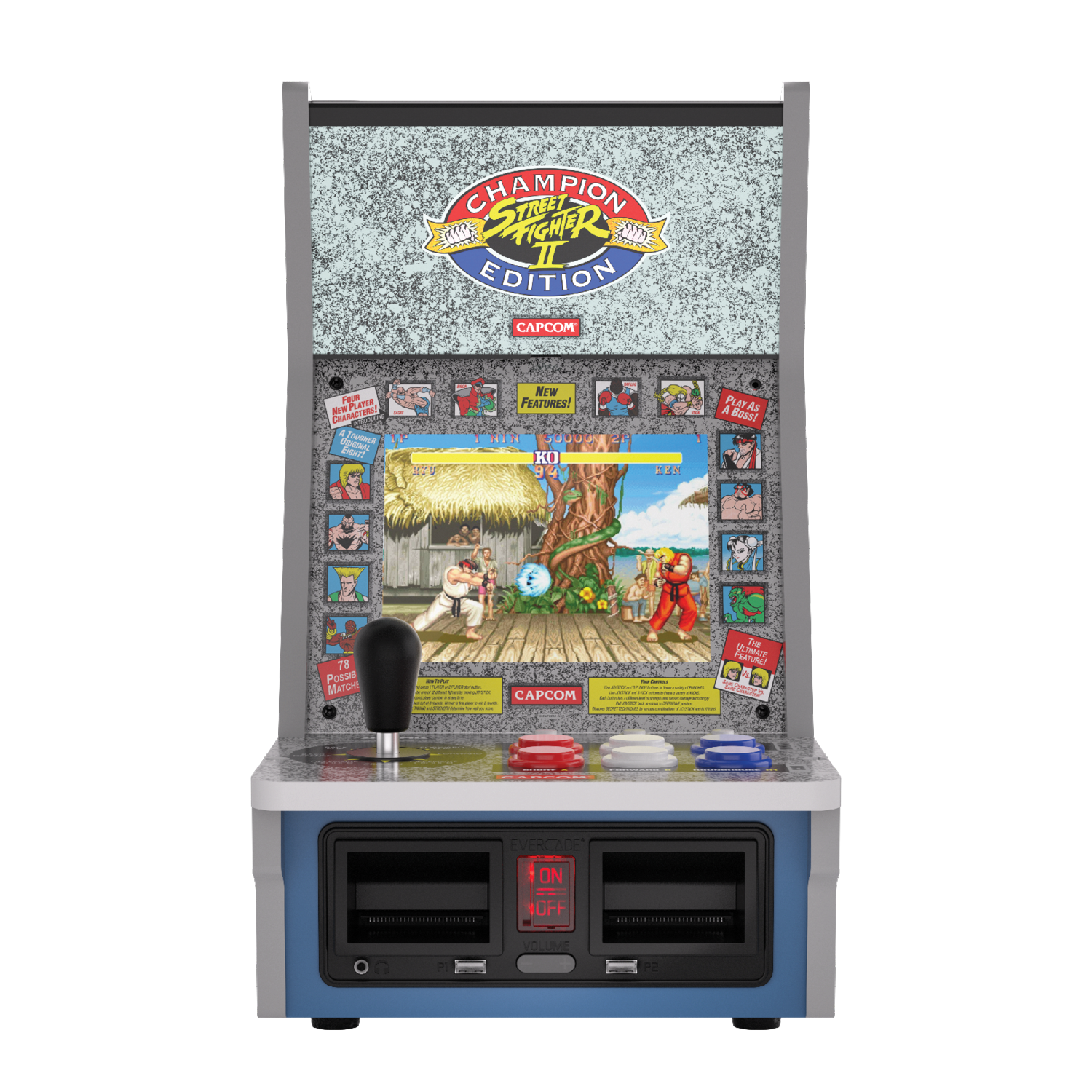 CHAMPION STREET FIGHTER II EDITION  
CAPCOM  

NEW FEATURES!  
1. NEW PUUUL T KO 94  
2. PLAR A Bess!  
3. Posse ATCH I  

CAPCOM  

The U R adiats EVERCADE ON OFF VOLUME