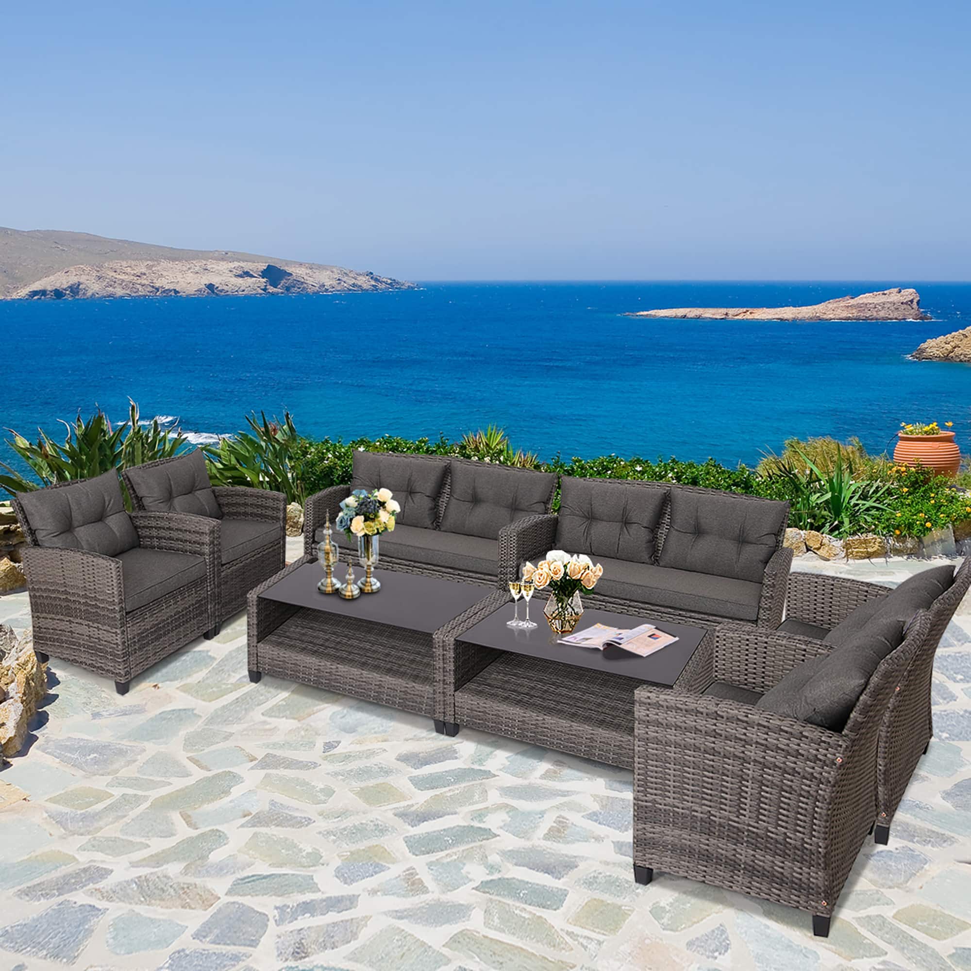 Front. Gymax - Gymax 8PCS Rattan Patio Conversation Set Cushioned Outdoor Furniture Set - Gray.