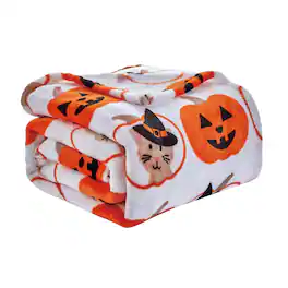 Noble House - Plazatex Pumpkins & Cats plush Decorative Halloween Machine Washable Throw 50" X 60" Grey - Gray