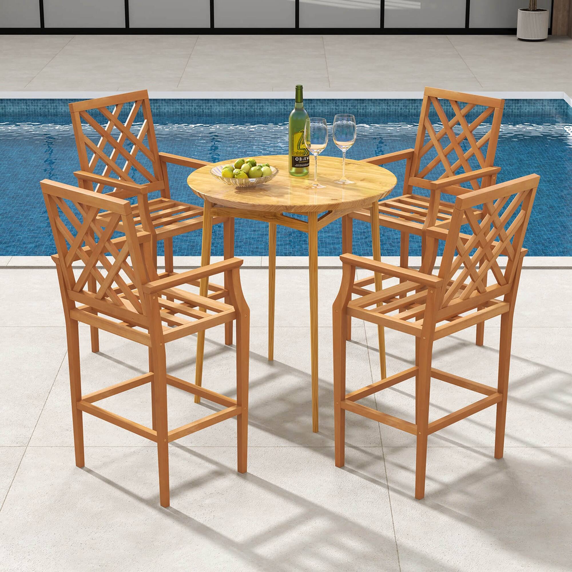 Alt View 1. Costway - 1 PCS Patio Teak Wood Bar Stool with Ergonomic Backrest Armrests & Footrest Outdoor - Natural.