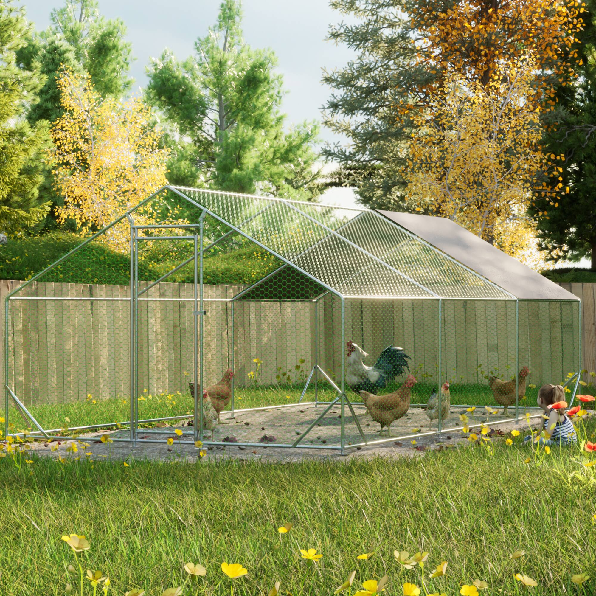 Angle. Mondawe - 10ft x 20ft Large Metal Walk-in Chicken Coop with Waterproof and Anti-Ultraviolet Cover.