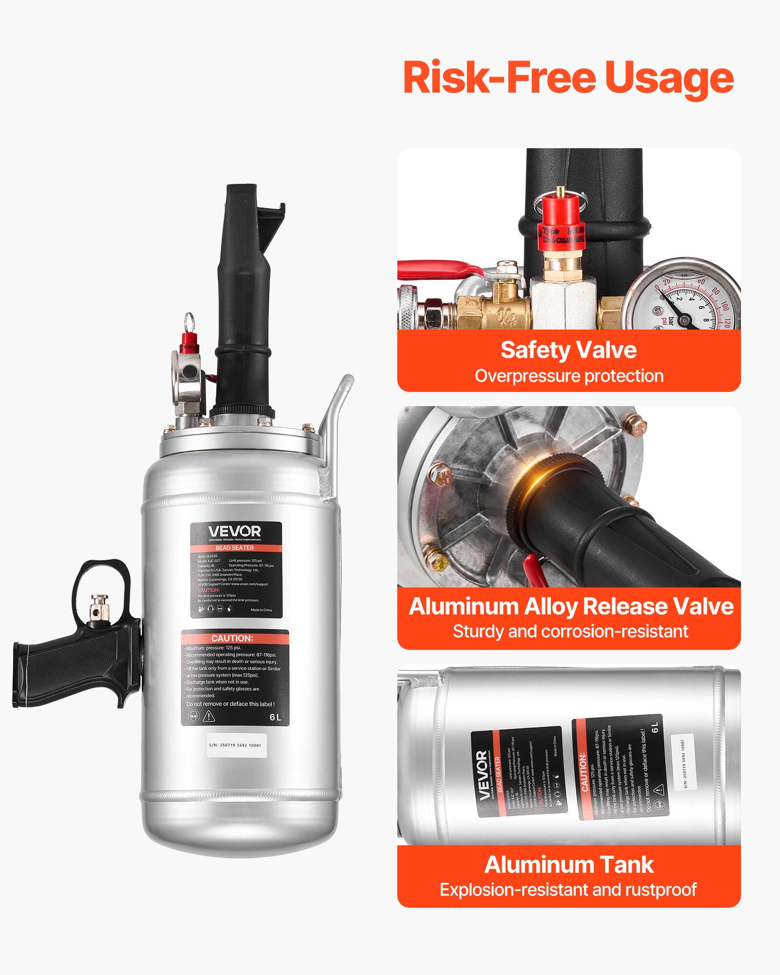 Risk-Free Usage

Safety Valve
Overpressure protection

Aluminum Alloy Release Valve
Sturdy and corrosion-resistant

Aluminum Tank
Explosion-resistant and rustproof
