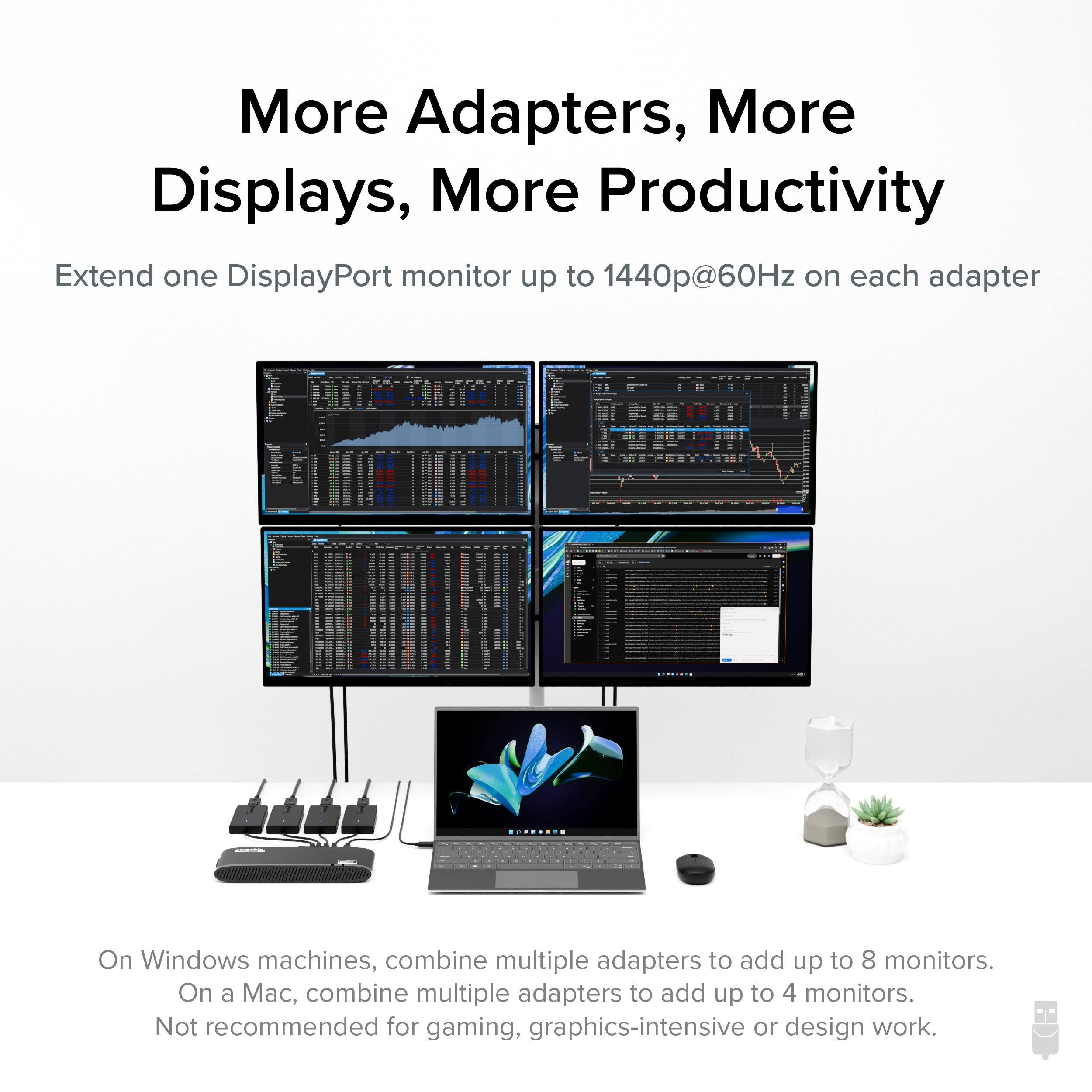 More Adapters, More Displays, More Productivity
Extend one DisplayPort monitor up to 1440p@60Hz on each adapter
On Windows machines, combine multiple adapters to add up to 8 monitors.
On a Mac, combine multiple adapters to add up to 4 monitors.
Not recommended for gaming, graphics-intensive or design work.
