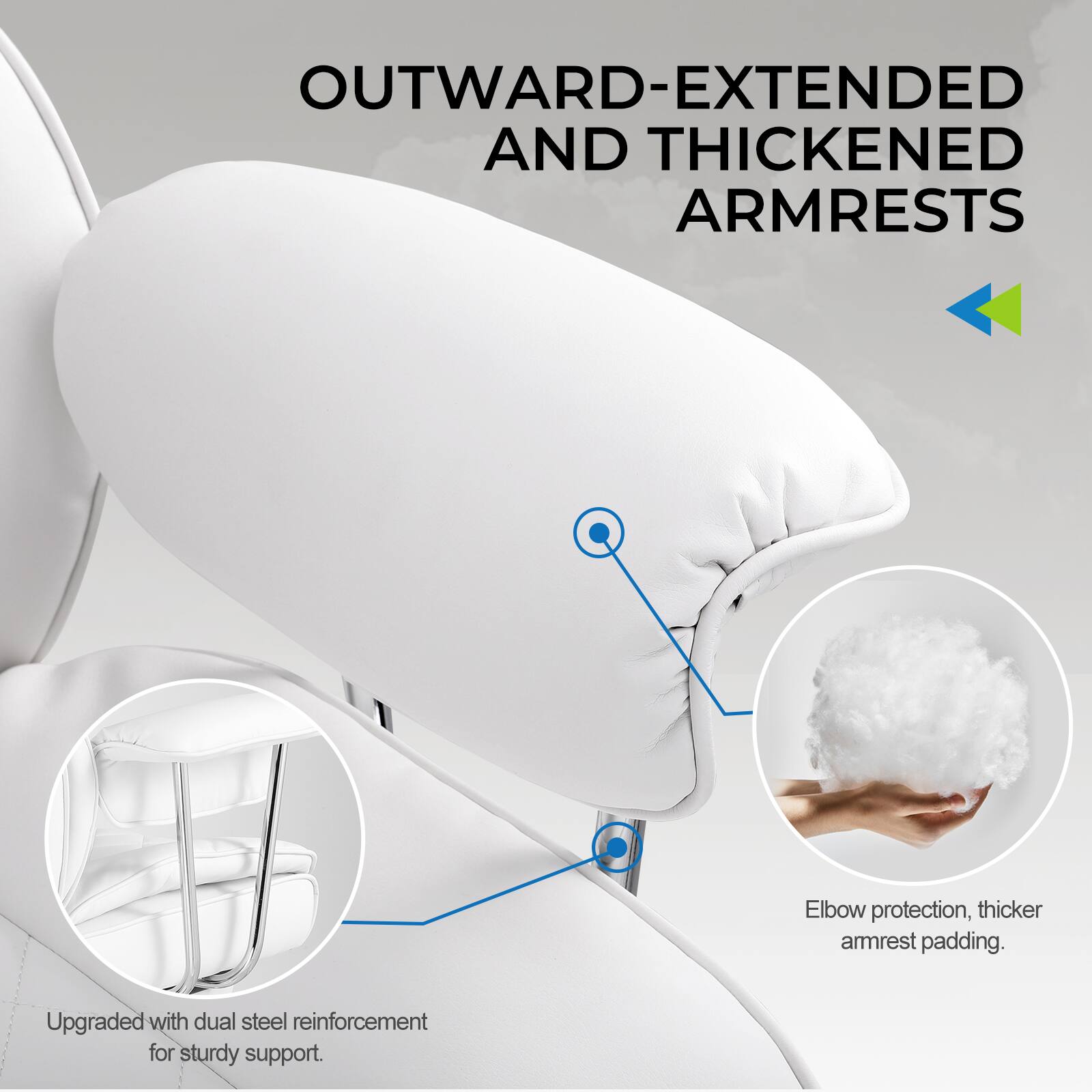 OUTWARD-EXTENDED AND THICKENED ARMRESTS

- Elbow protection, thicker armrest padding.
- Upgraded with dual steel reinforcement for sturdy support.