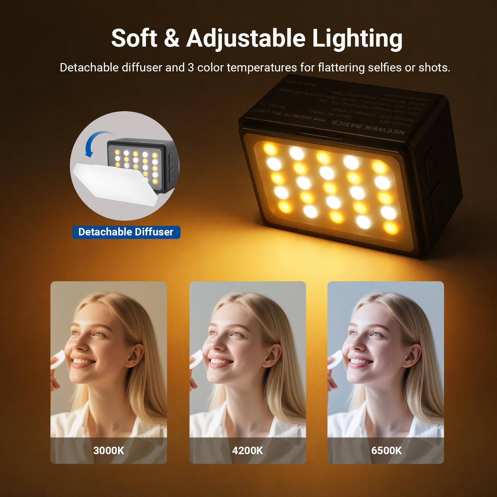 Soft & Adjustable Lighting  
Detachable diffuser and 3 color temperatures for flattering selfies or shots.  

Detachable Diffuser  
3000K  
4200K  
6500K