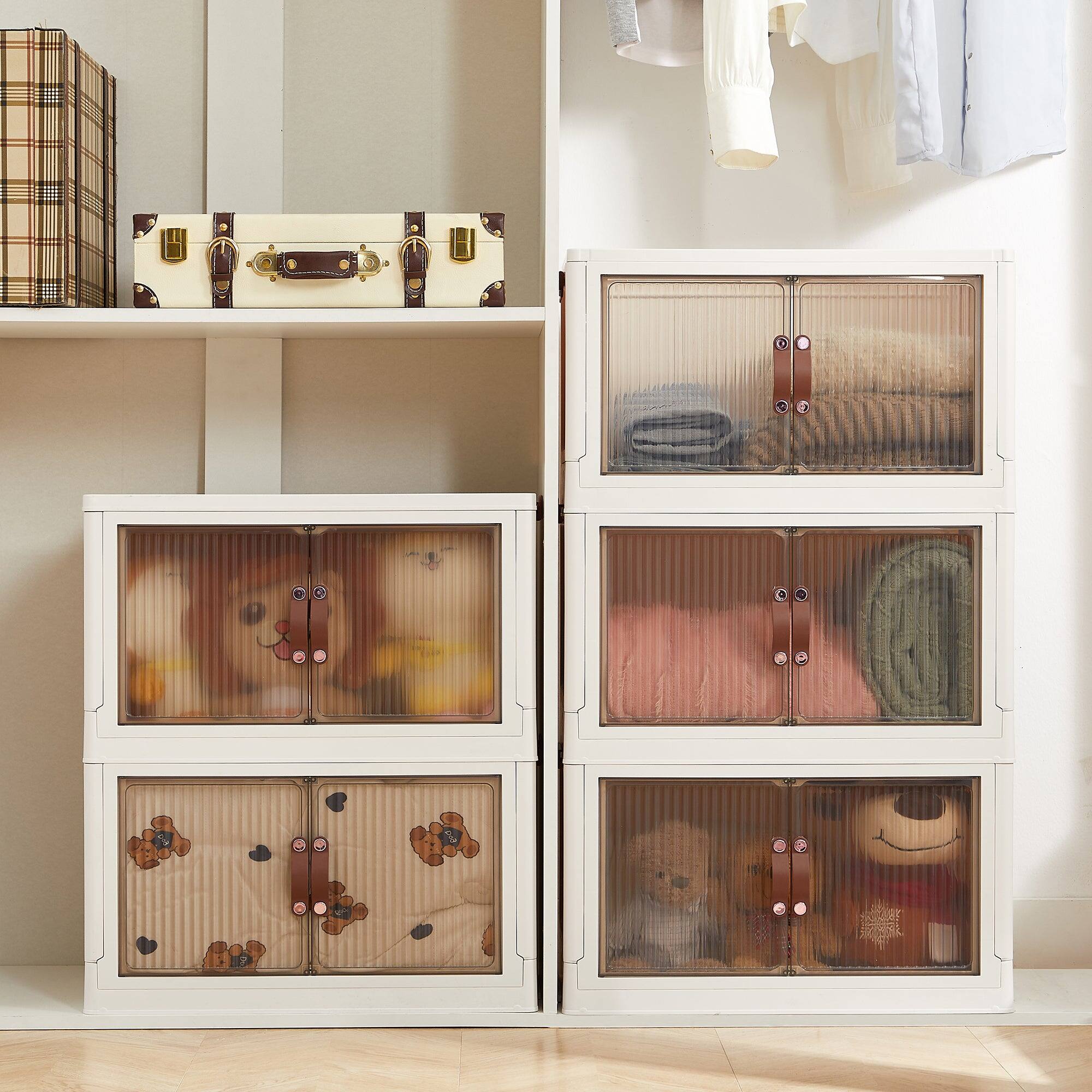 Left. Vecelo - 20 Gal Stackable Storage Bins with Lid, 4 Pack Plastic Collapsible Storage Cabinet,Storage Container Cart - White.