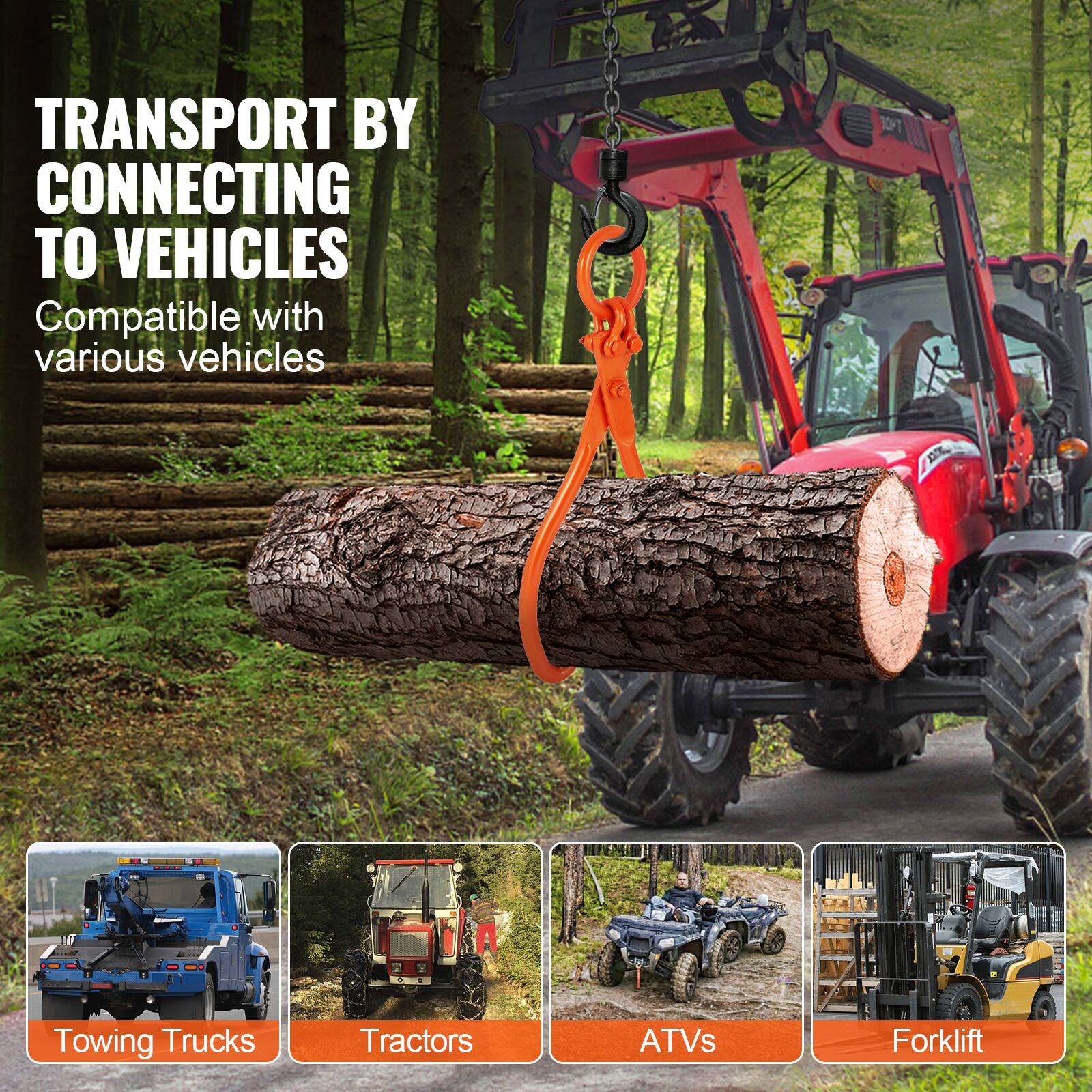 TRANSPORT BY CONNECTING TO VEHICLES  
Compatible with various vehicles  

- Towing Trucks  
- Tractors  
- ATVs  
- Forklift